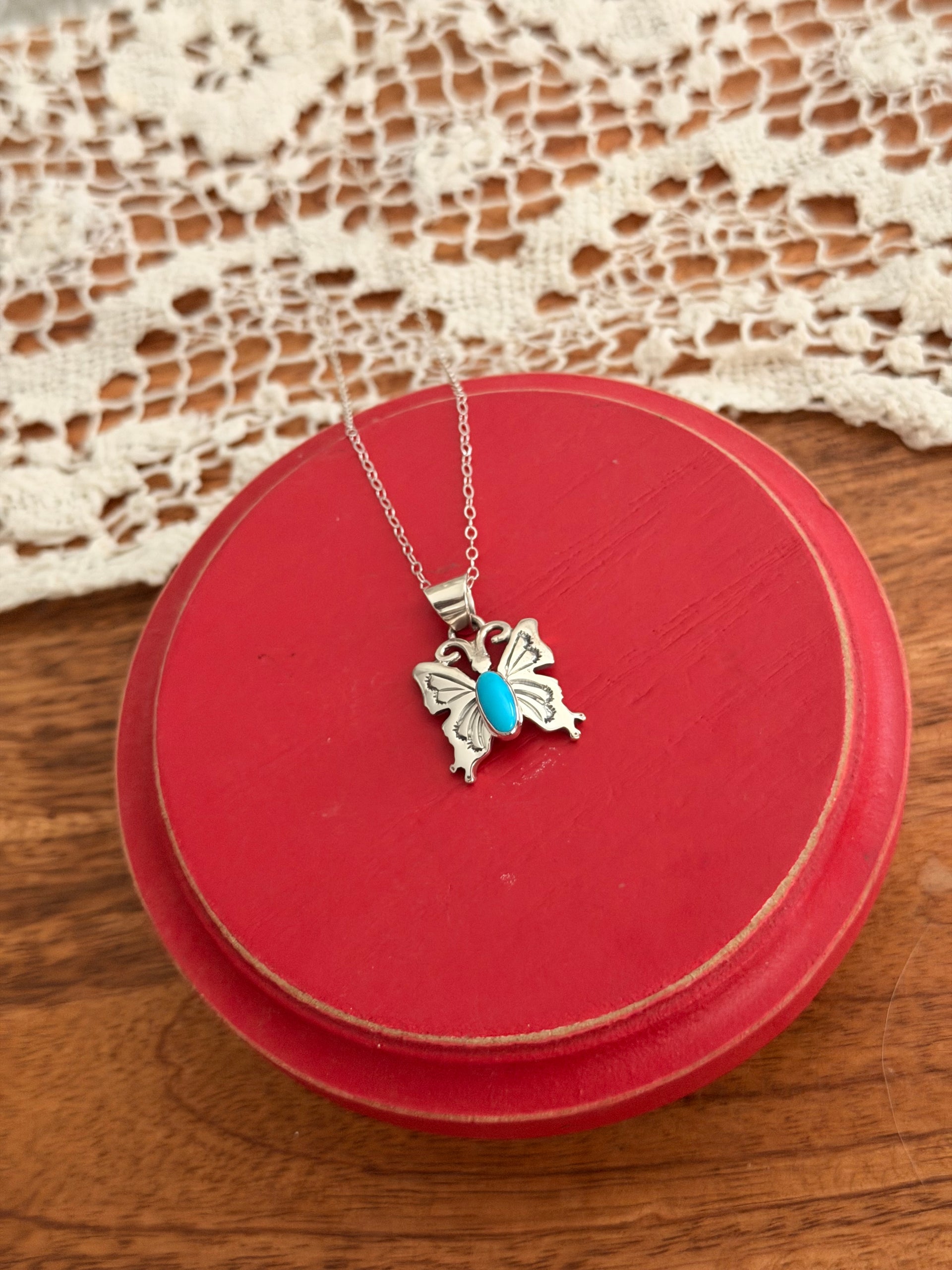 Navajo Made Sleeping Beauty Turquoise & Sterling Sliver Butterfly Necklace