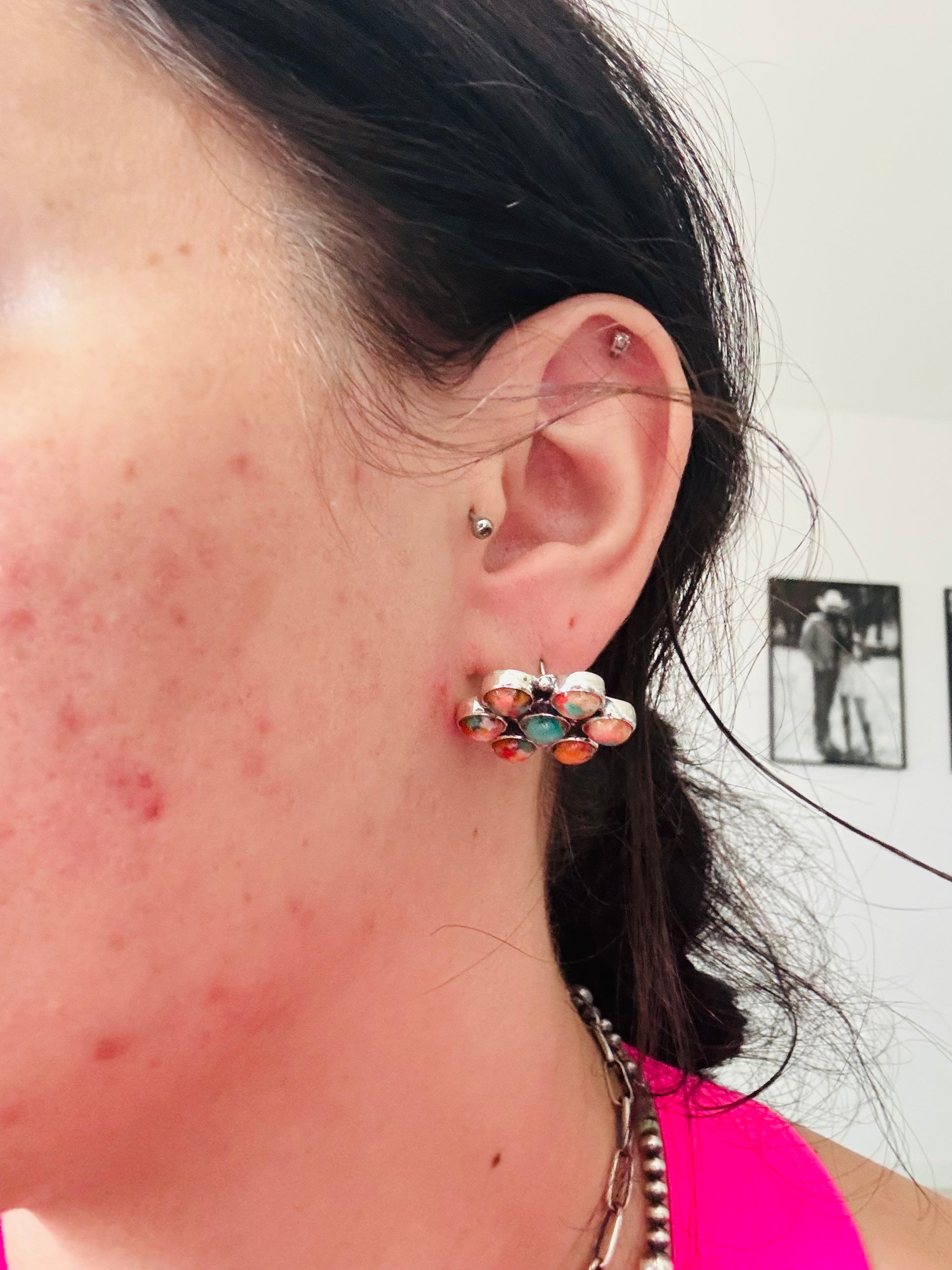 Southwest Handmade Mohave Turquoise & Sterling Silver Post Cluster Earrings