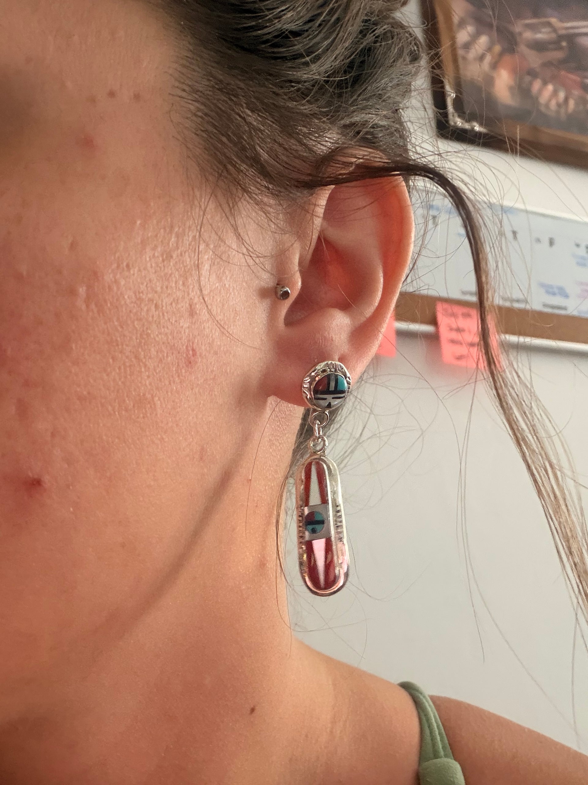 Patsy Edaakie Multi Stone & Sterling Silver Inlay Sunface Dangle Earrings