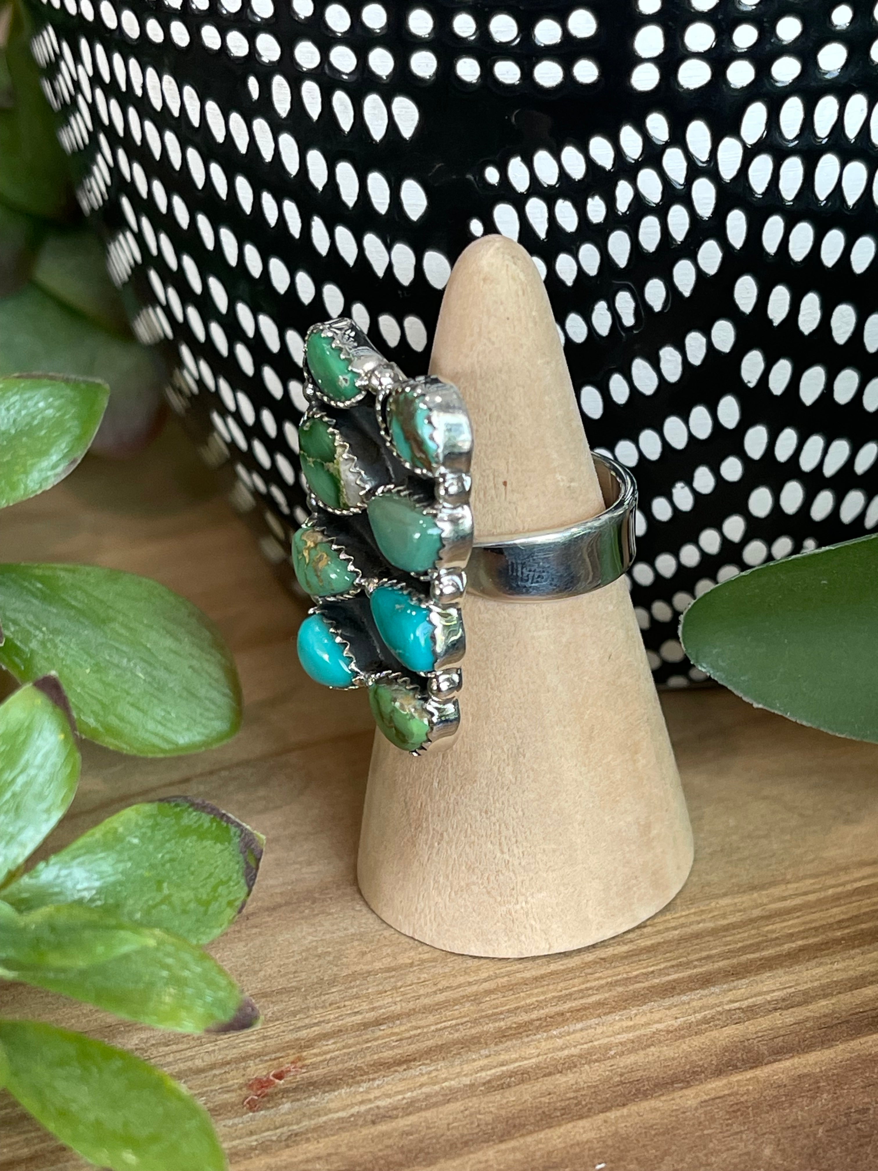 Southwest Handmade Sonoran Mountain Turquoise & Sterling Silver Cluster Adjustable Ring