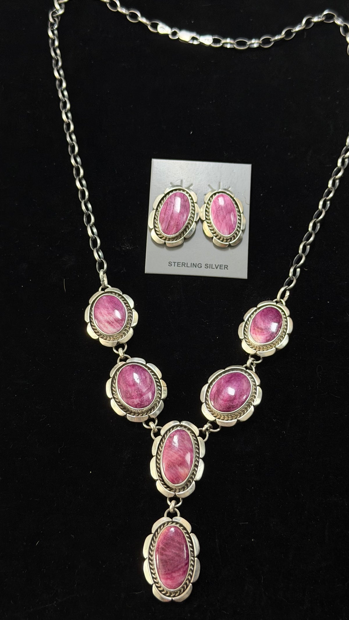 Larry Kaye Spiny Oyster and Sterling Silver Lariat Necklace Set