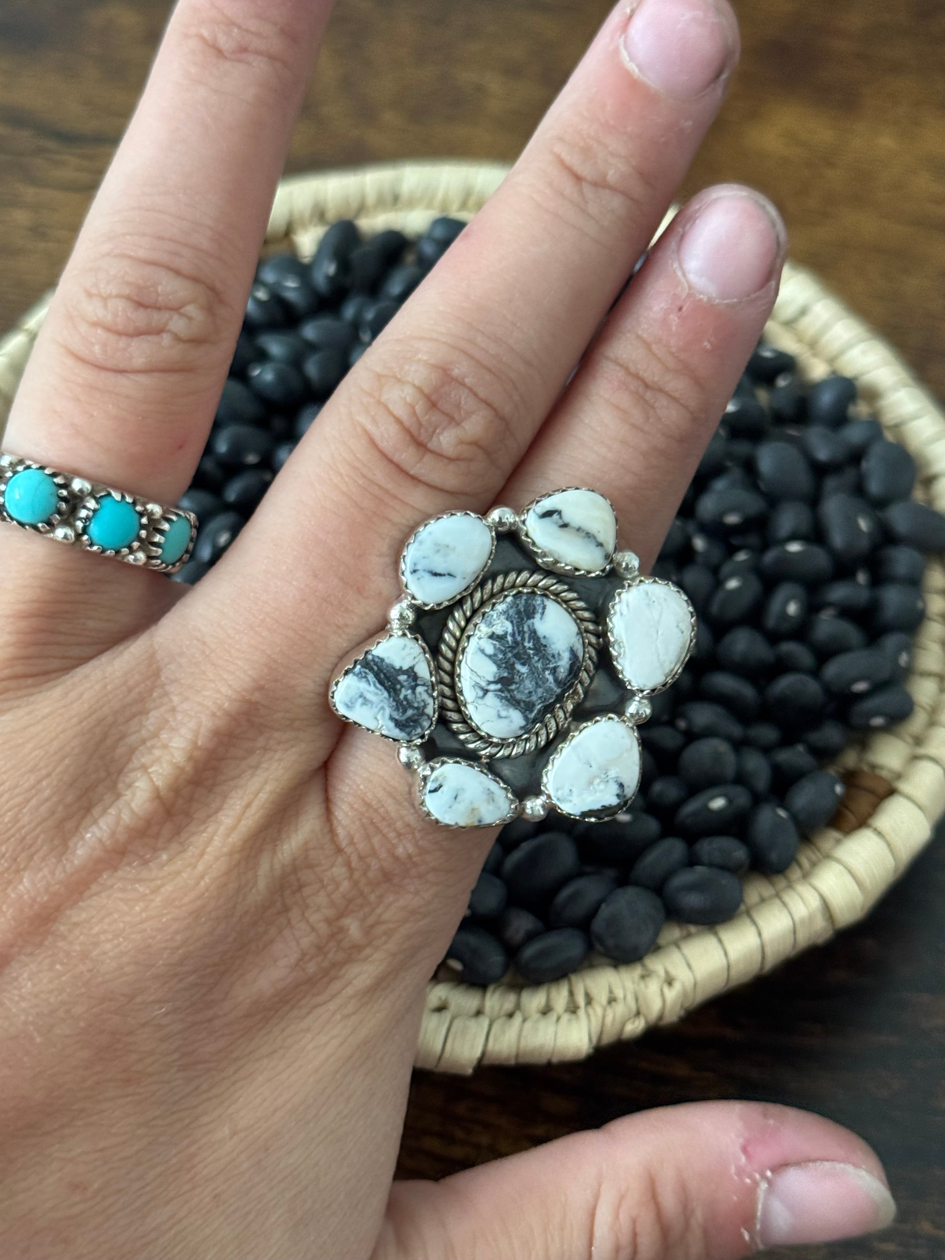 Southwest Handmade White Buffalo & Sterling Silver Adjustable Cluster Ring