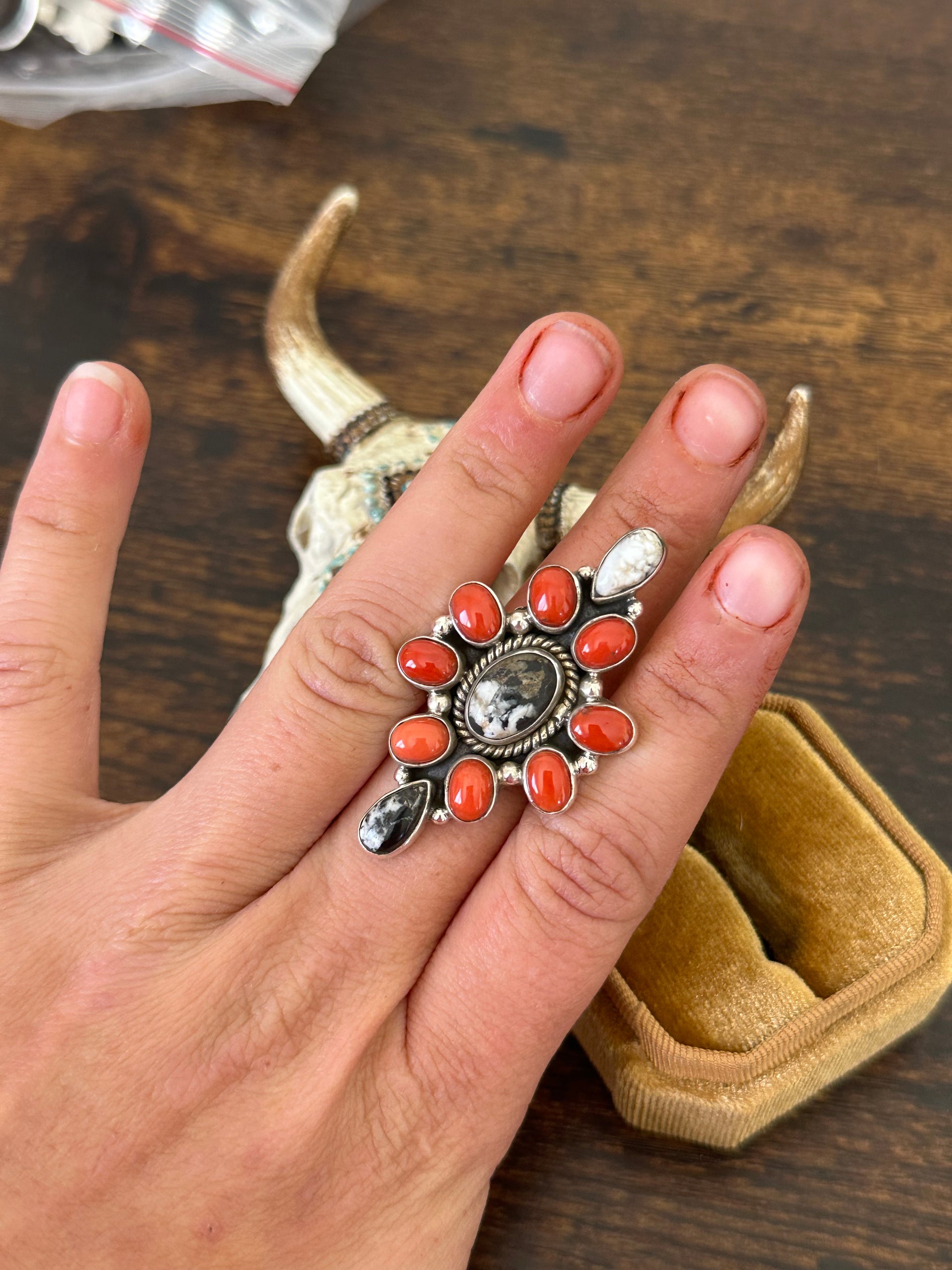 Southwest Handmade Multi Stone & Sterling Silver Cluster Adjustable Ring