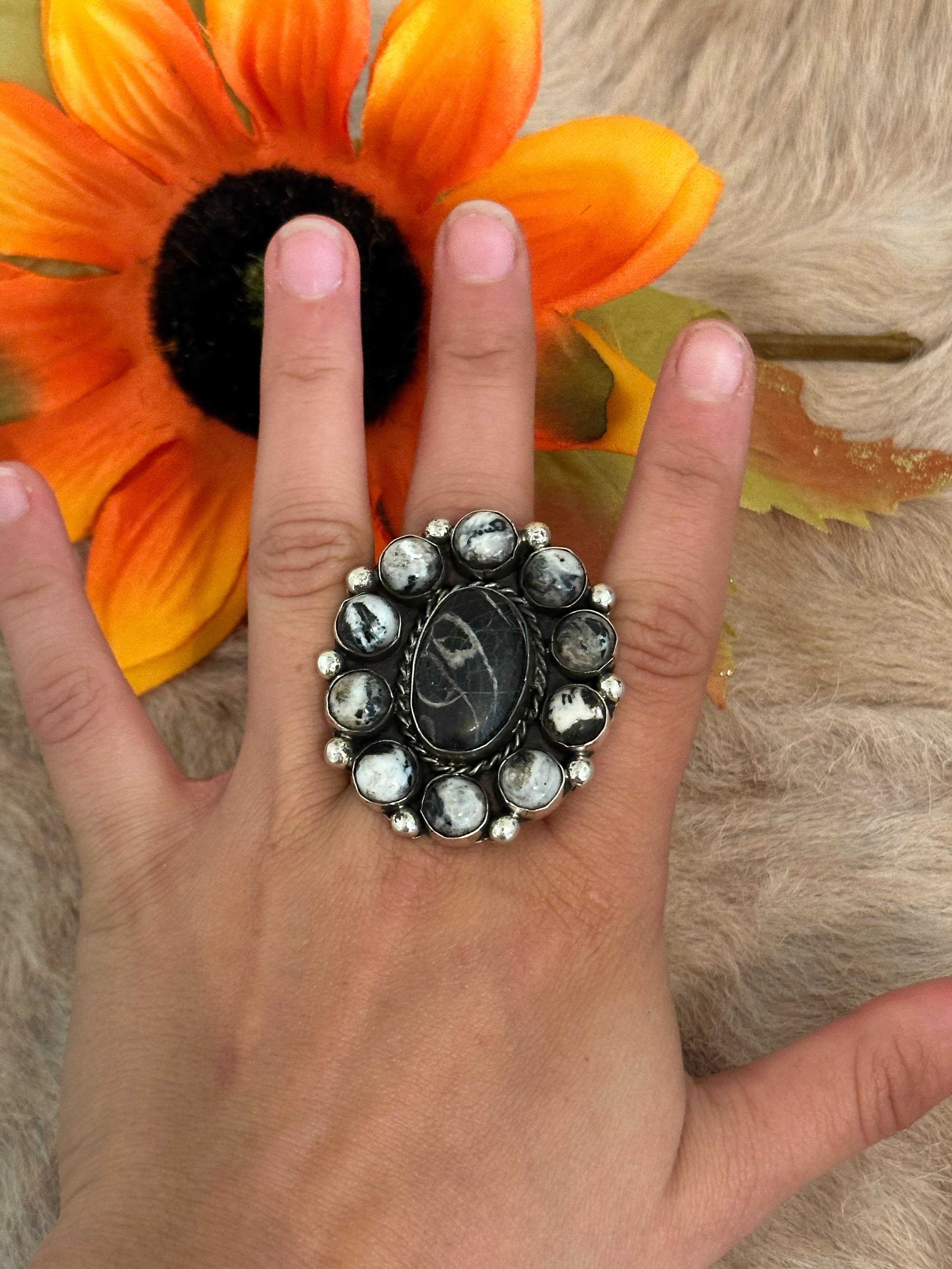 Navajo Handmade White Buffalo & Sterling Silver Adjustable Cluster Ring