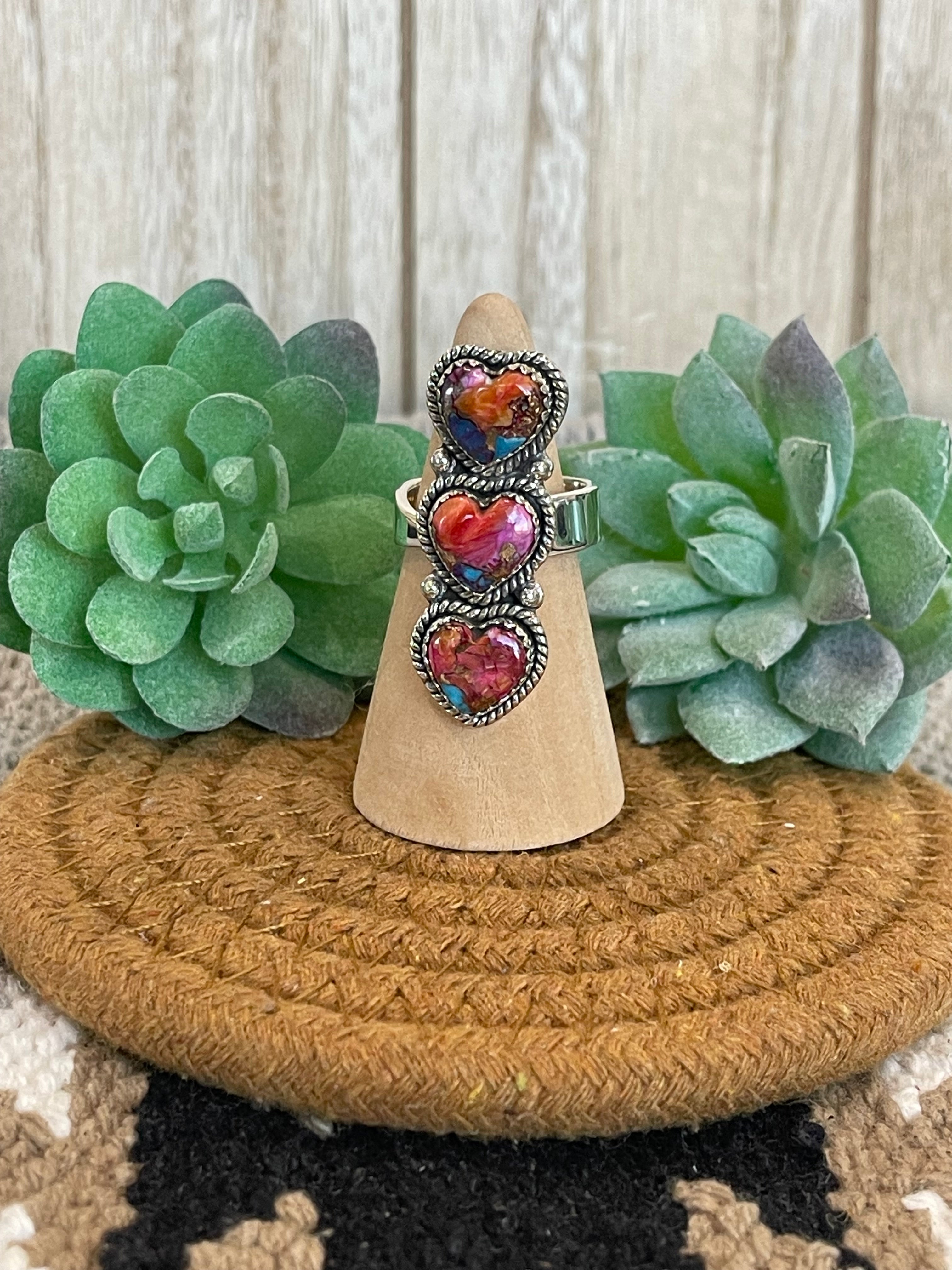 Southwest Handmade Pink Mohave & Sterling Silver Adjustable 3 Stone Heart  Ring