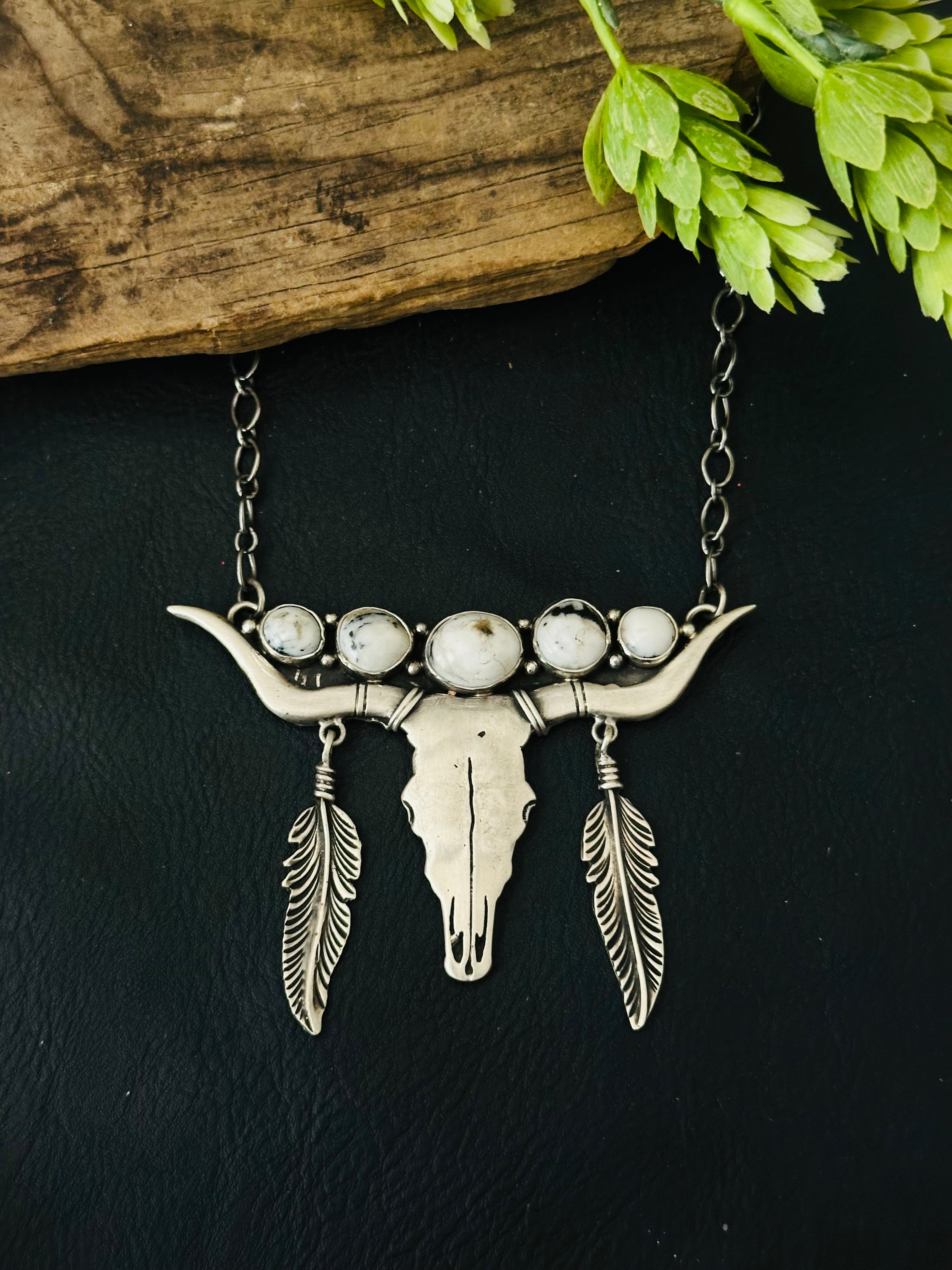 Mark Yazzie White Buffalo & Sterling Silver Bull Skull Necklace