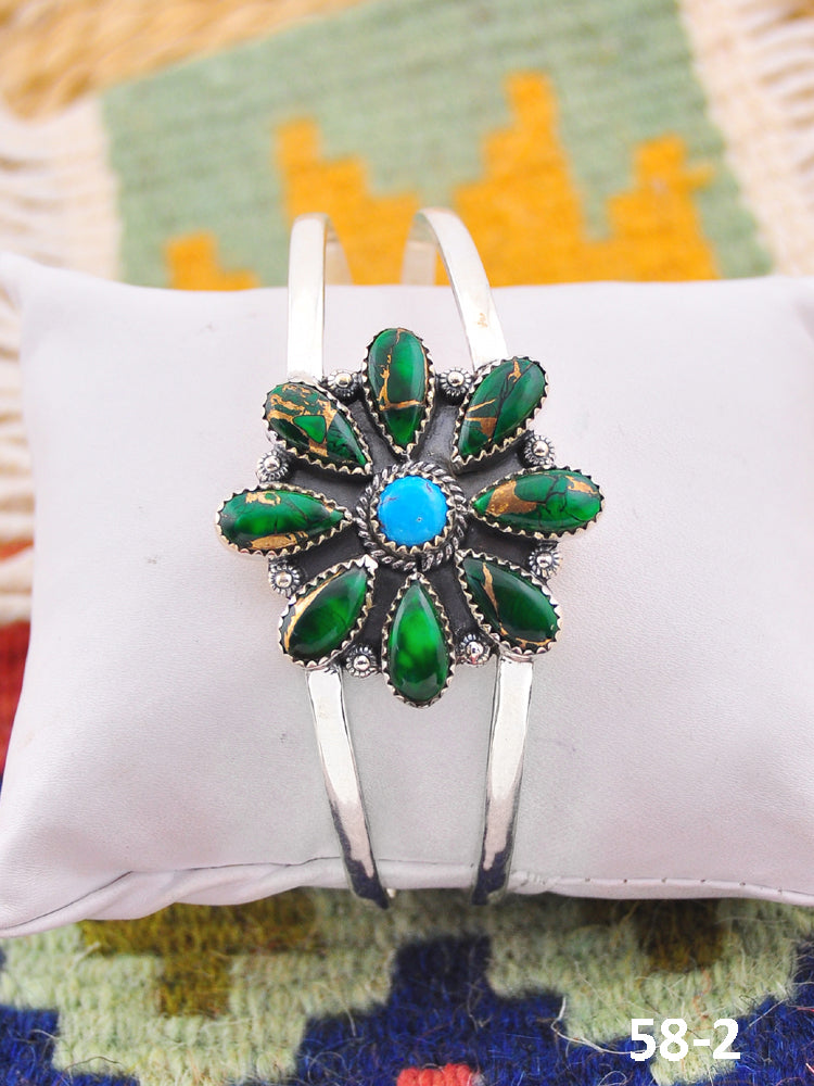 Southwest Handmade Peacock Dahlia & Sterling Silver Cuff Bracelet