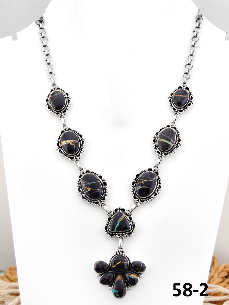 Southwest Handmade Black Jack Turquoise & Sterling Silver Necklace