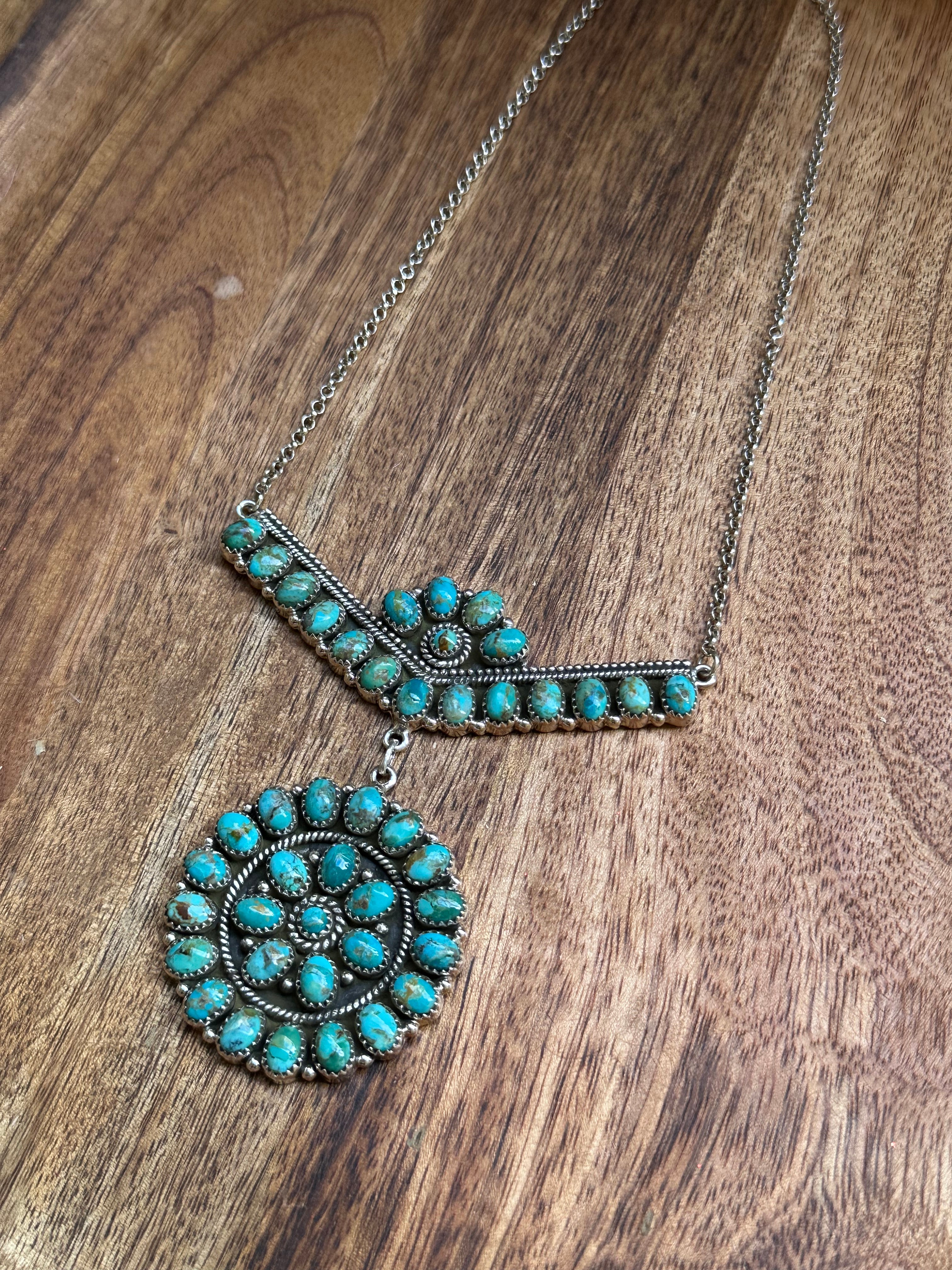 Southwest Handmade Kingman Turquoise & Sterling Silver Cluster Necklace