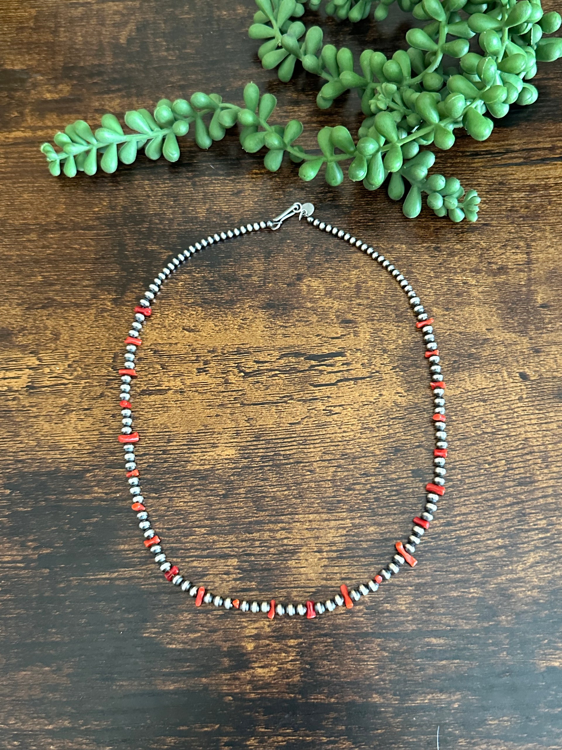 Navajo Strung Red Coral & Sterling Silver Graduated Pearls Beaded Necklace