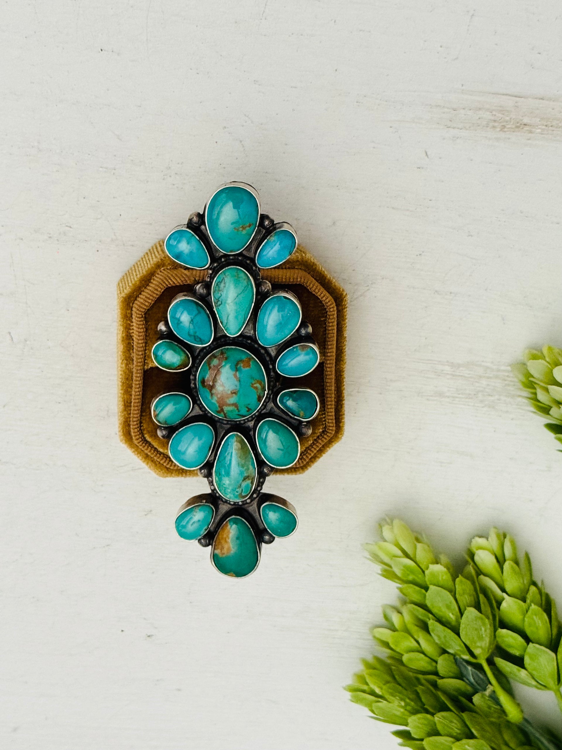 Navajo Made Royston Turquoise and Sterling Silver Cluster Ring Size 8.25