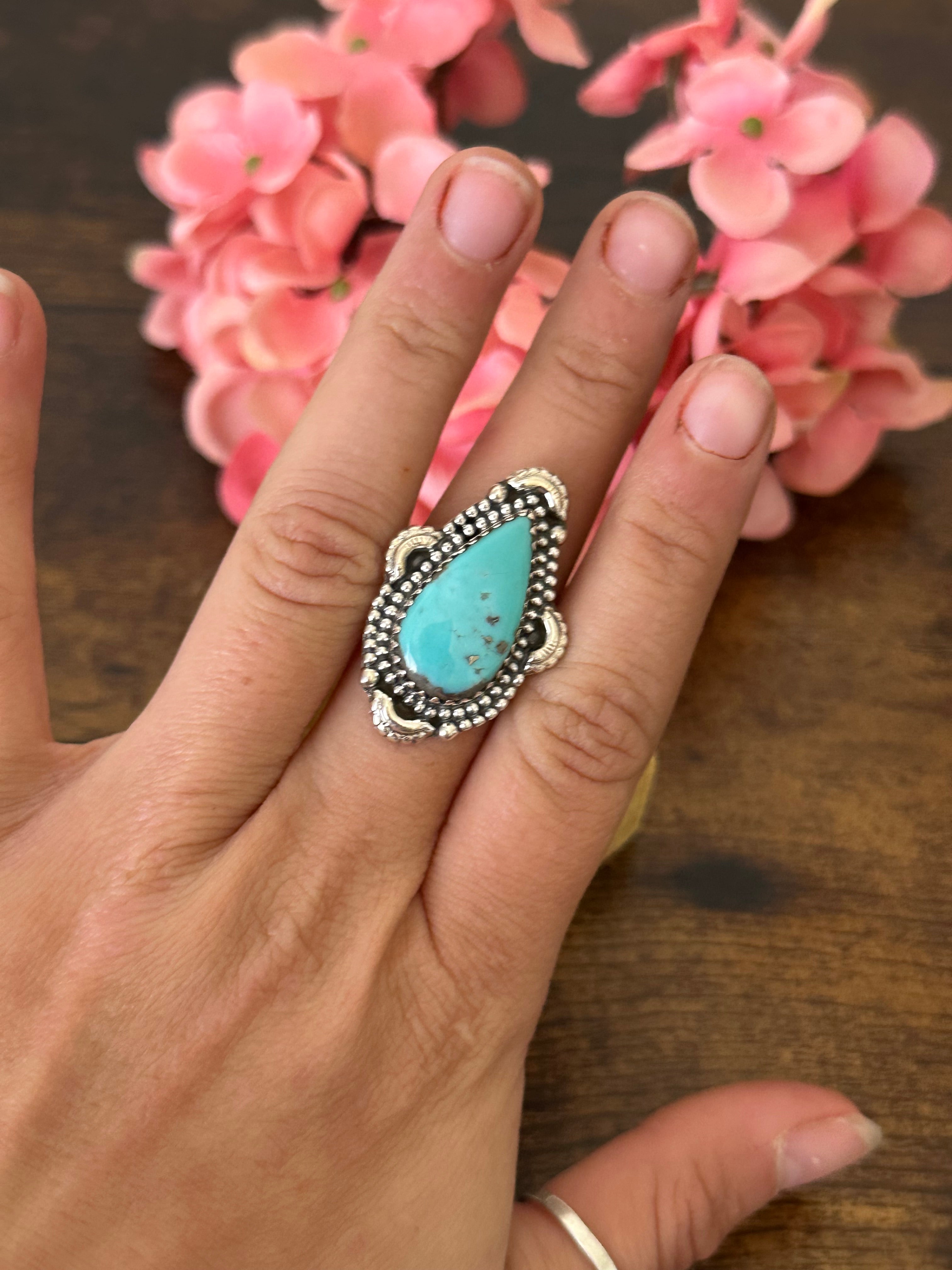 Southwest Handmade Kingman Turquoise & Sterling Silver Ring Size 7.5