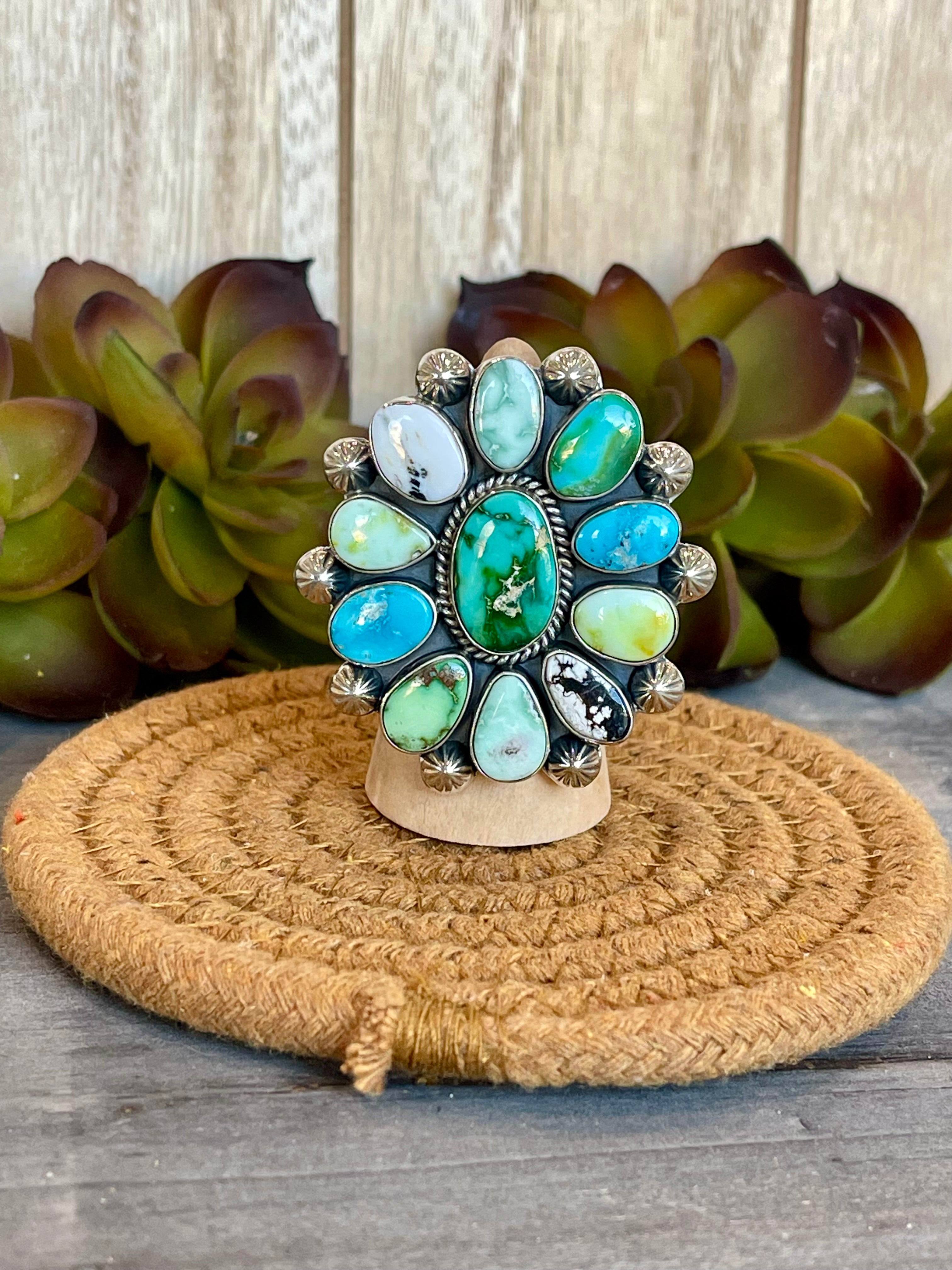 Southwest Handmade Multi Stone & Sterling Silver Adjustable Ring