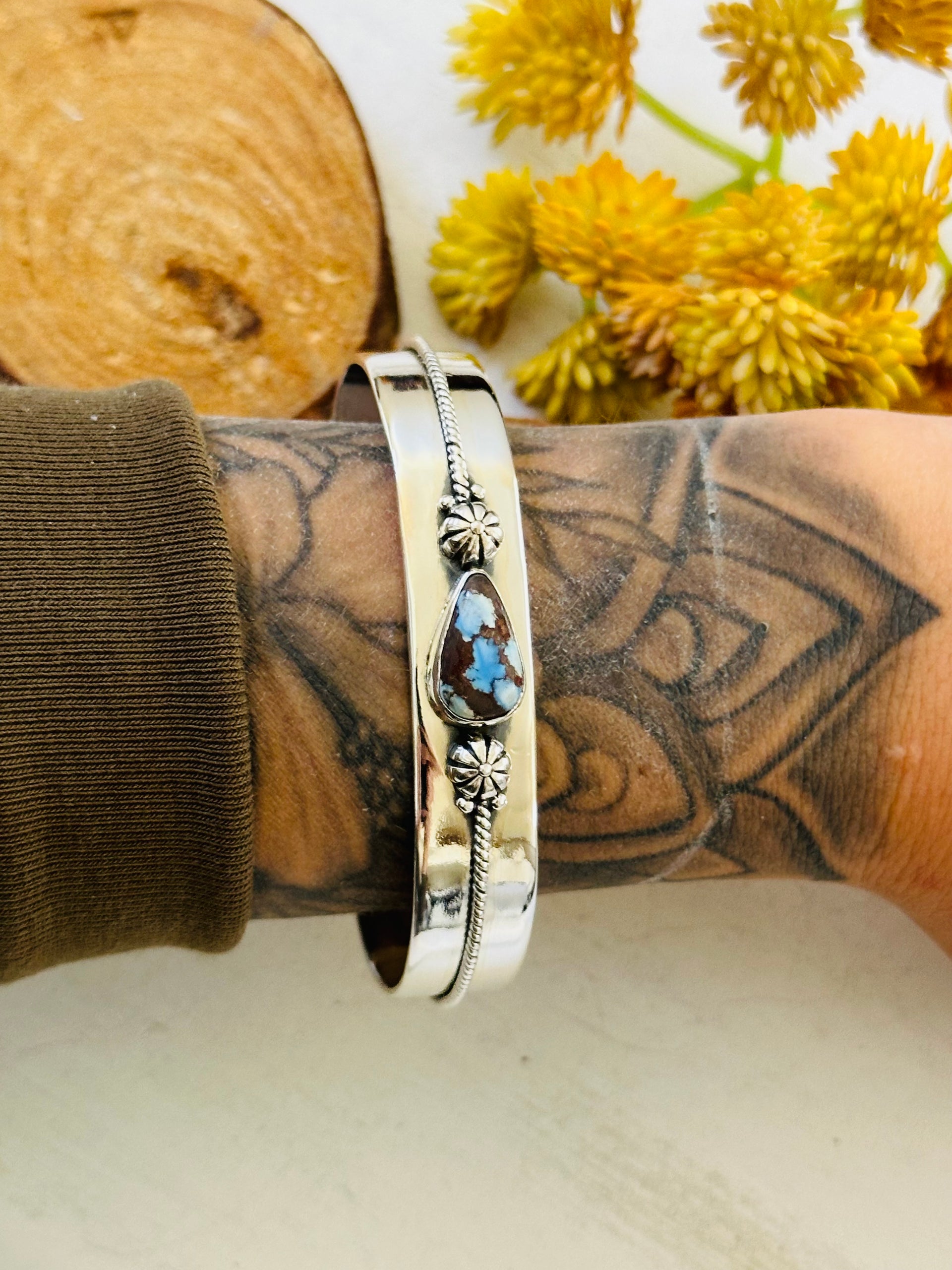Southwest Made Golden Hills Turquoise & Sterling Silver Cuff Bracelet