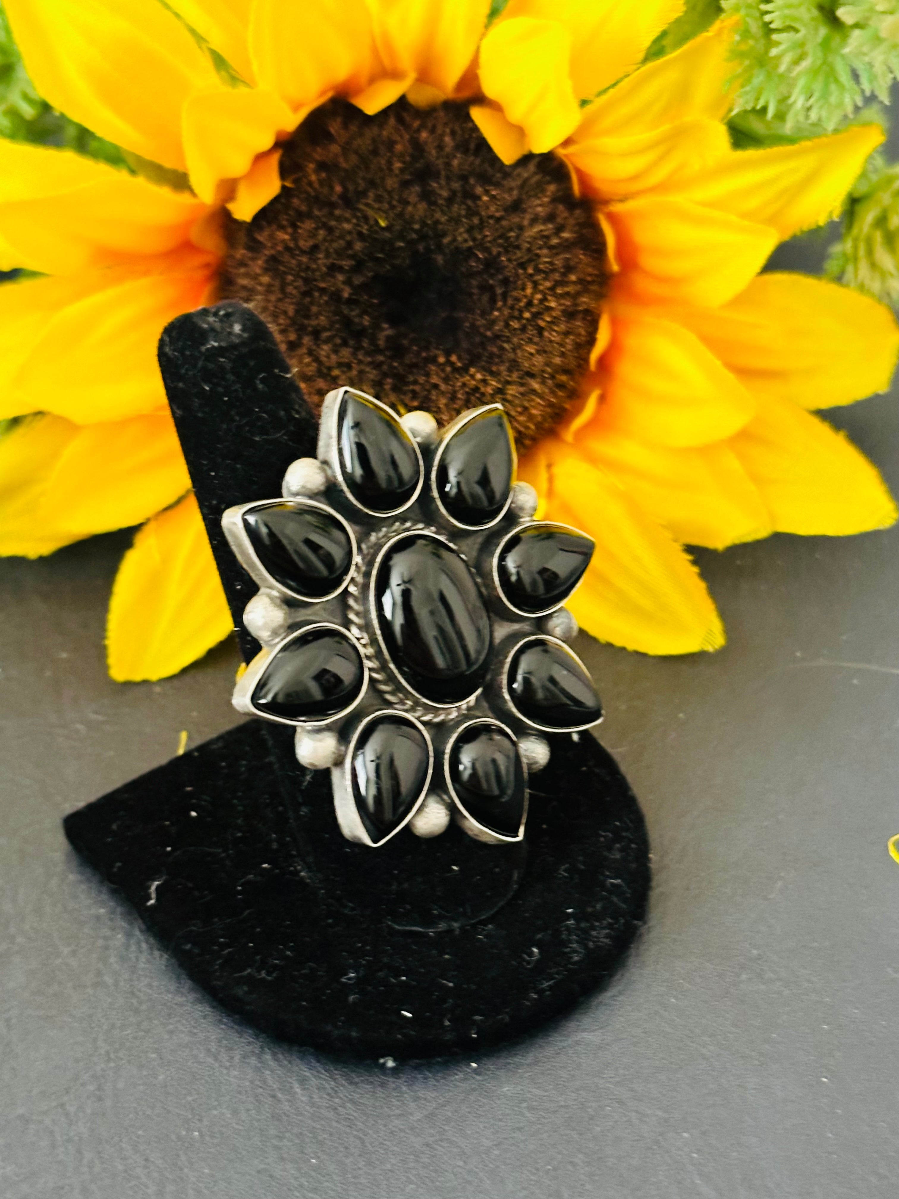 Virginia Sandoval Onyx & Sterling Silver Adjustable Cluster Ring