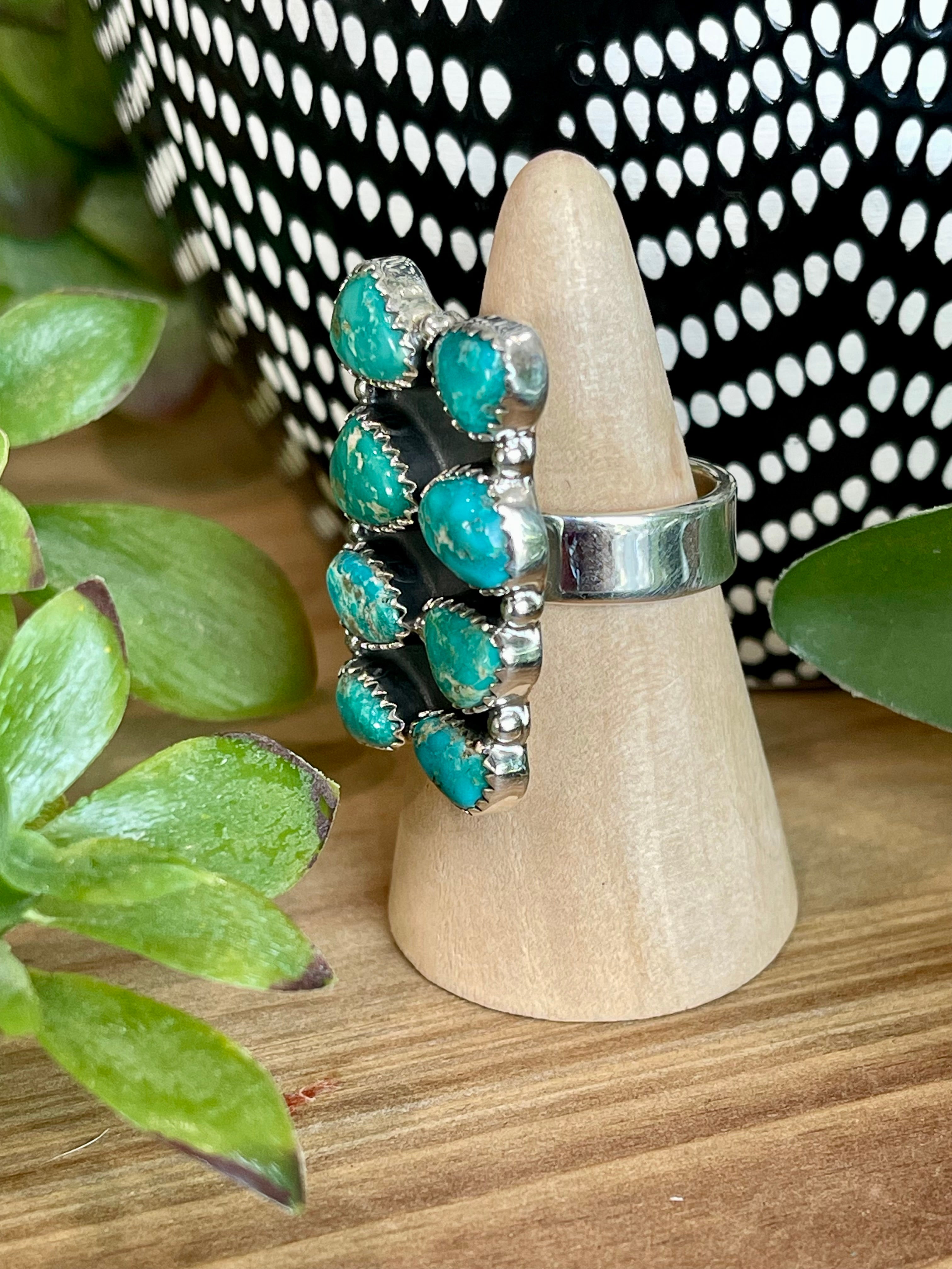 Southwest Handmade Sonoran Mountain Turquoise & Sterling Silver Cluster Adjustable Ring