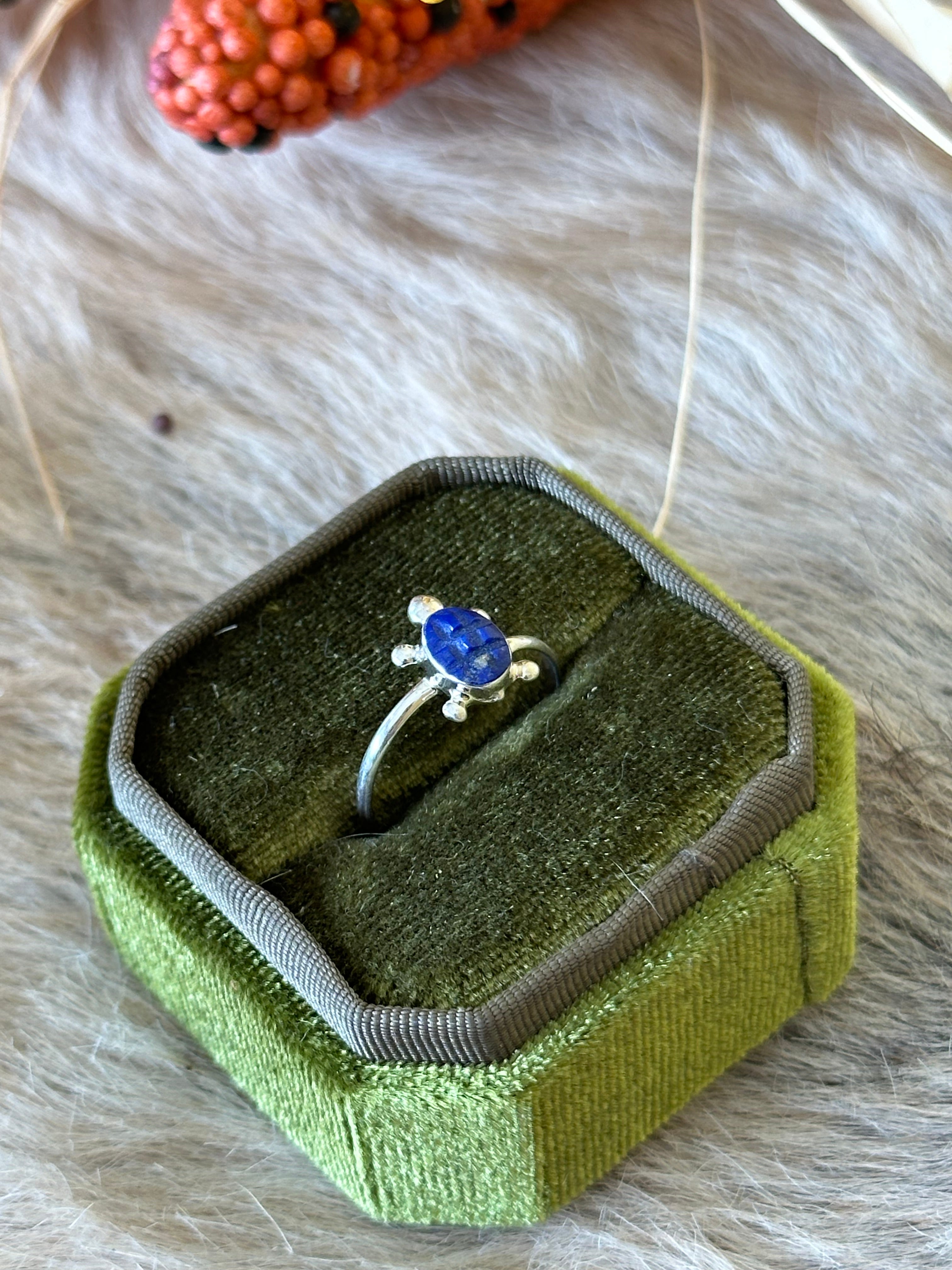 Zuni Made Lapis & Sterling Silver Turtle Ring