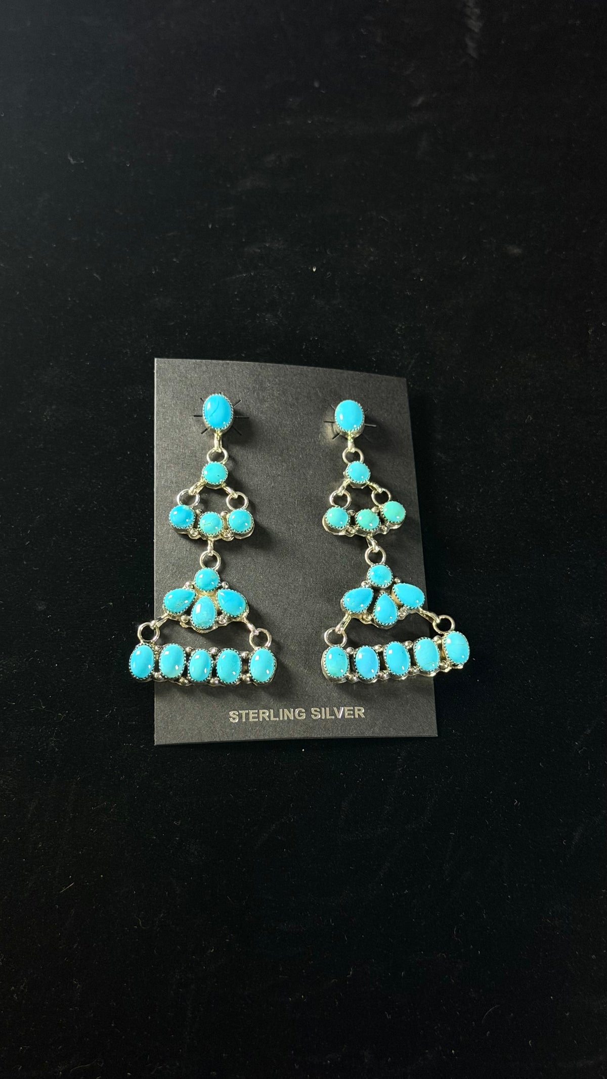 Navajo Made Sleeping Beauty Turquoise & Sterling Silver Post Dangle Cluster Earrings