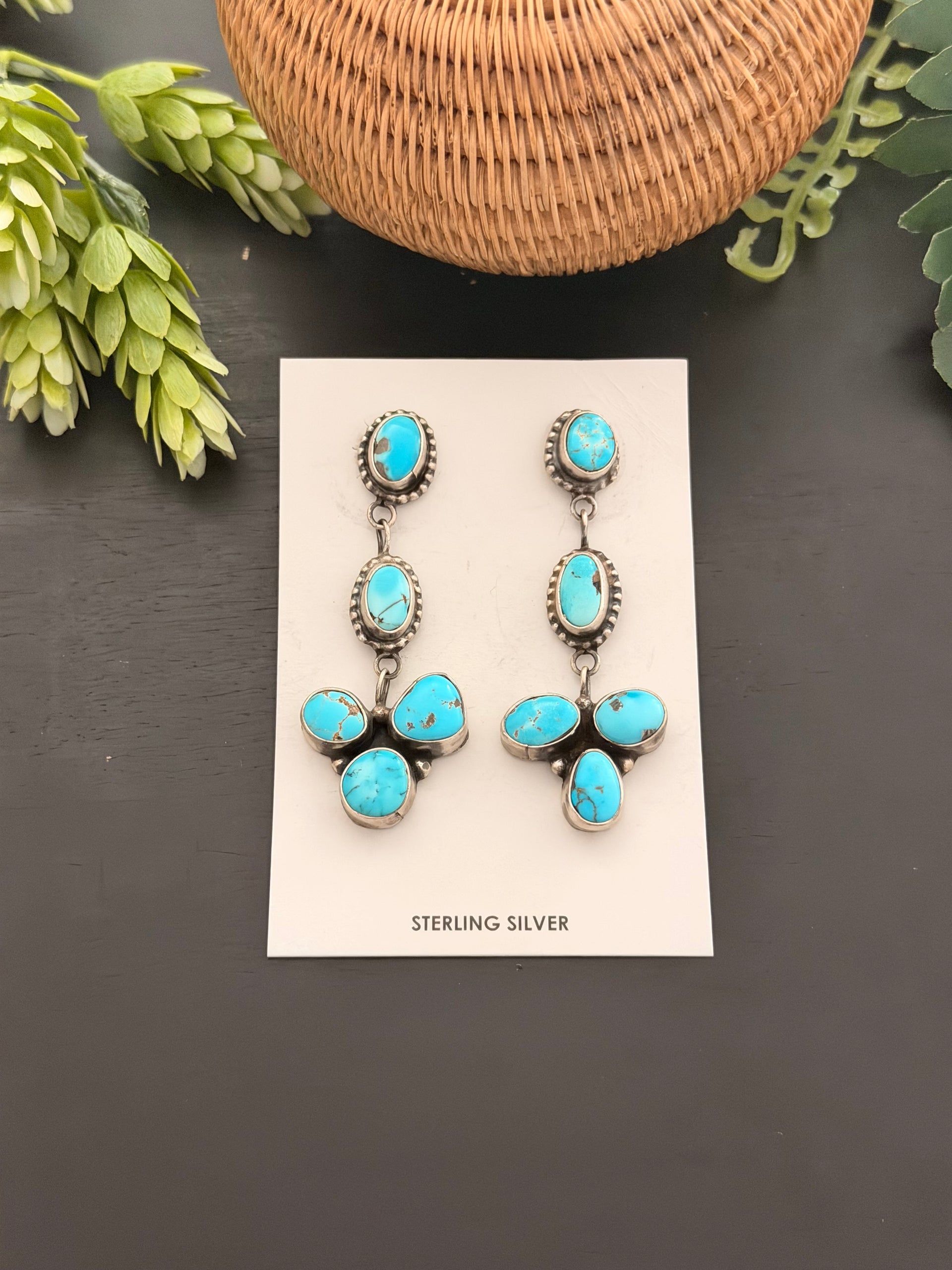 Lydia Begay Blue Ridge Turquoise & Sterling Silver Post Dangle Cluster Earrings