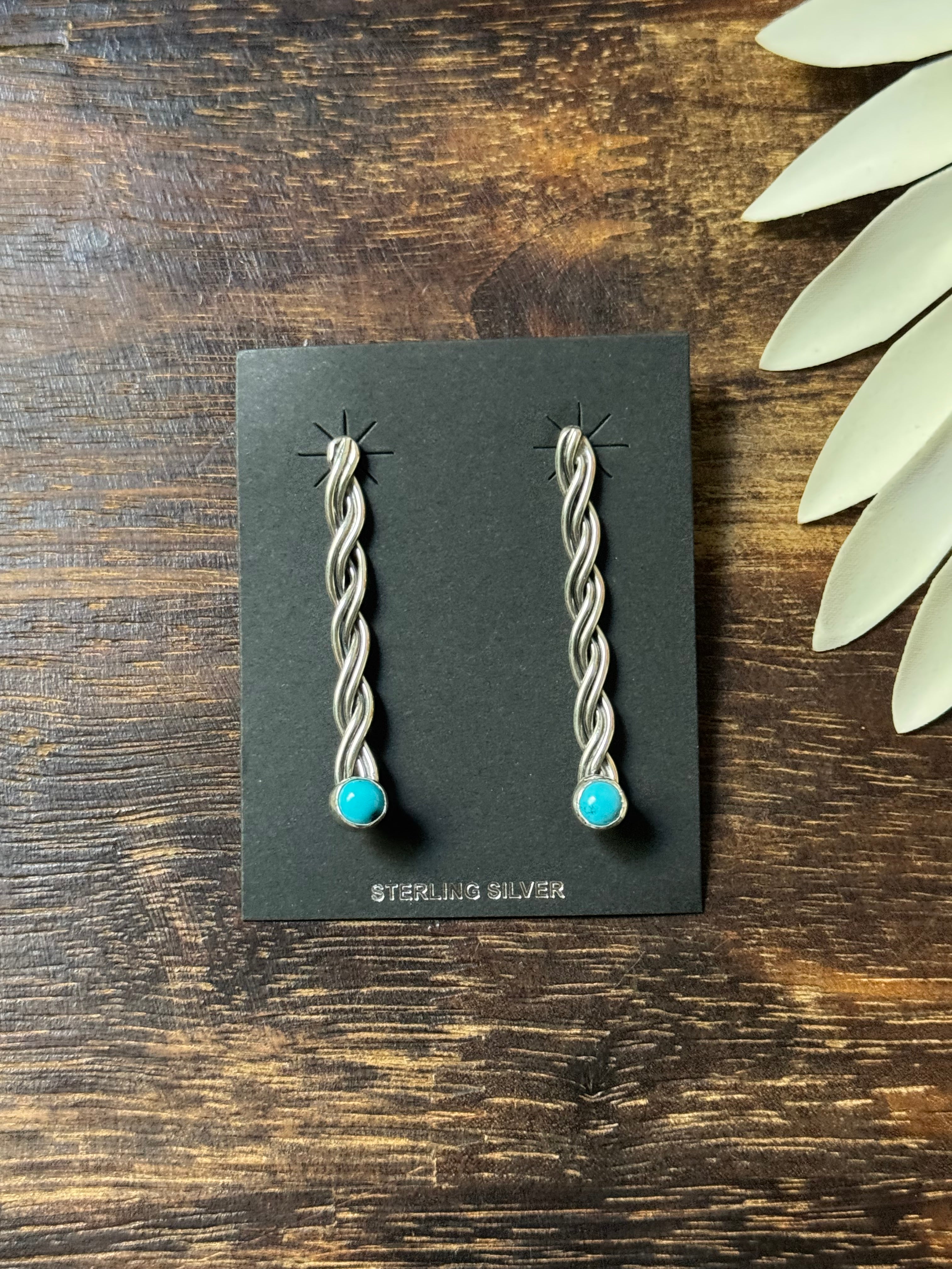 Navajo Made Kingman Turquoise & Sterling Silver Post Dangle Earrings