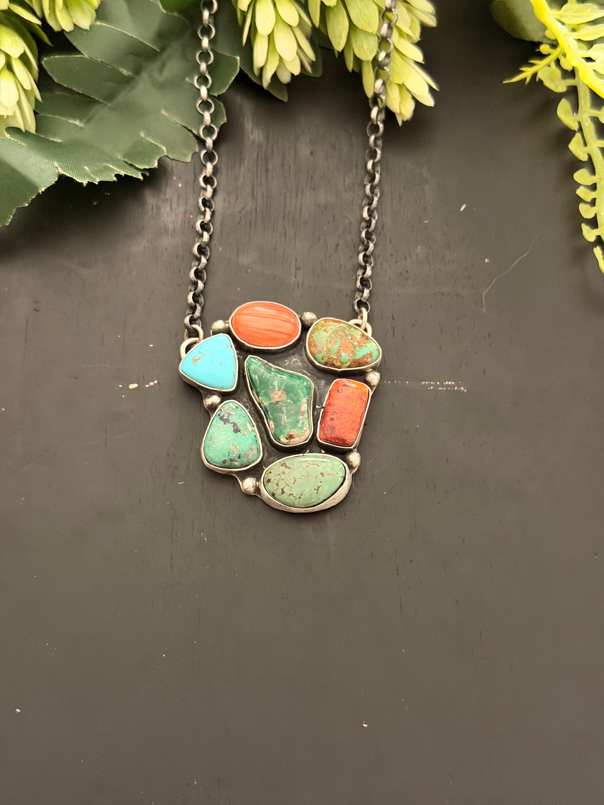 Navajo Made Multi Stone & Sterling Silver Cluster Necklace