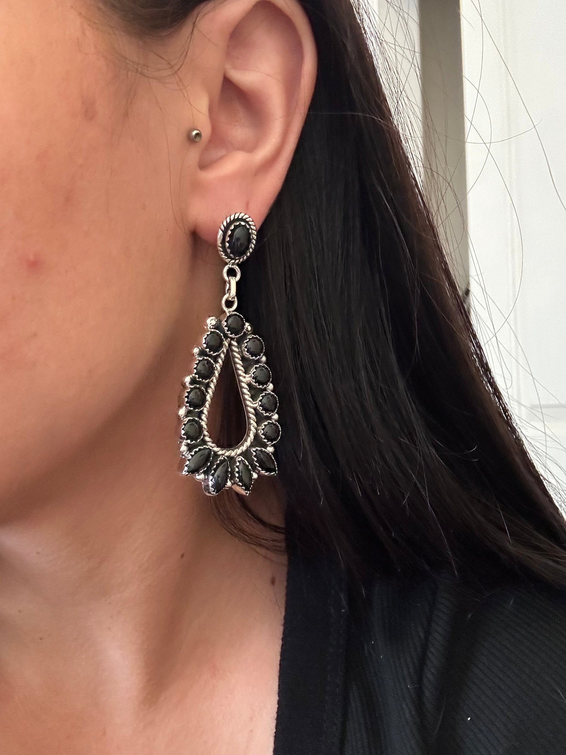 Southwest Handmade Onyx & Sterling Silver Post Dangle Cluster Earrings