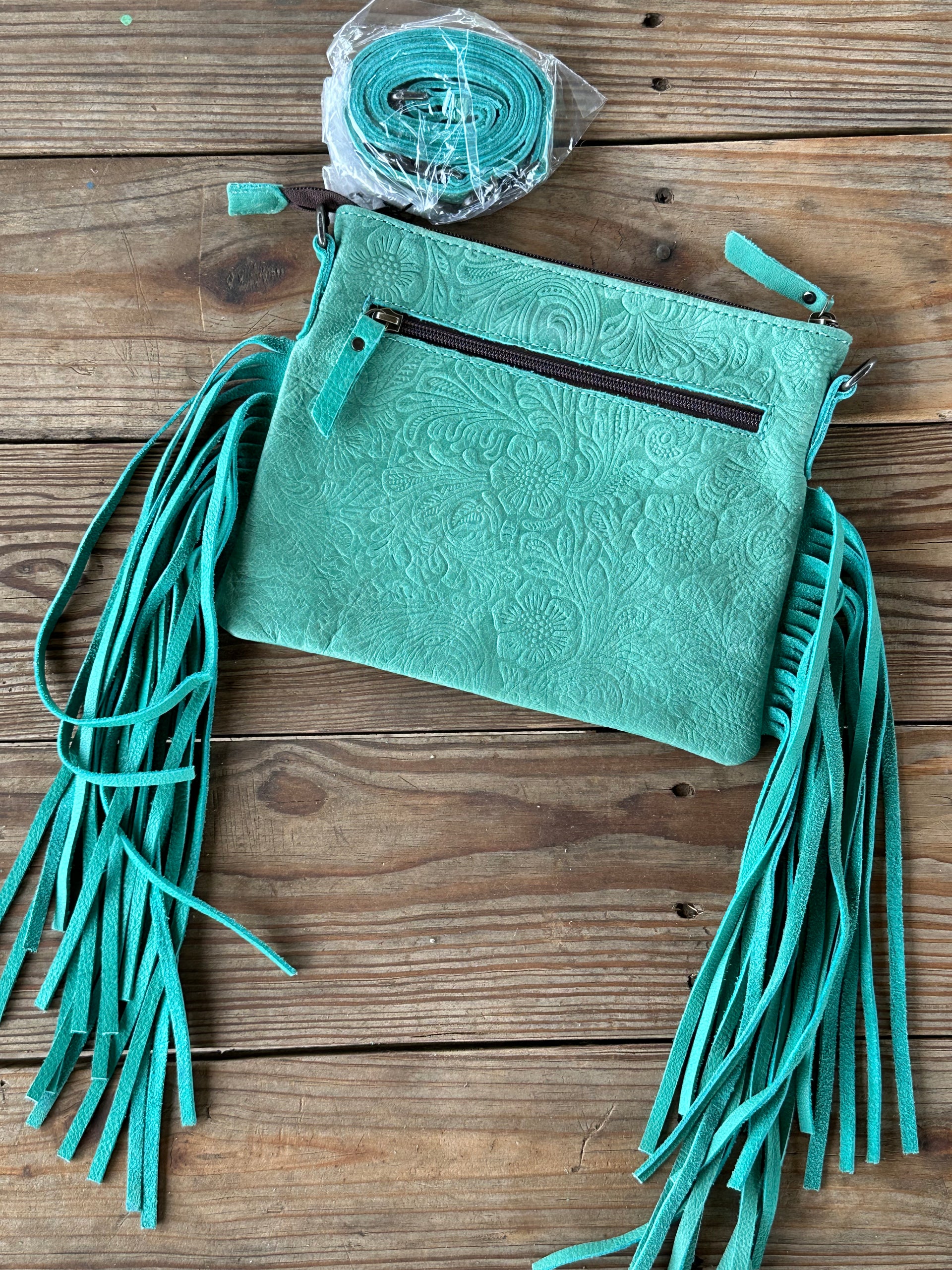 Genuine Leather Tooled Cross Body Fringe Purse
