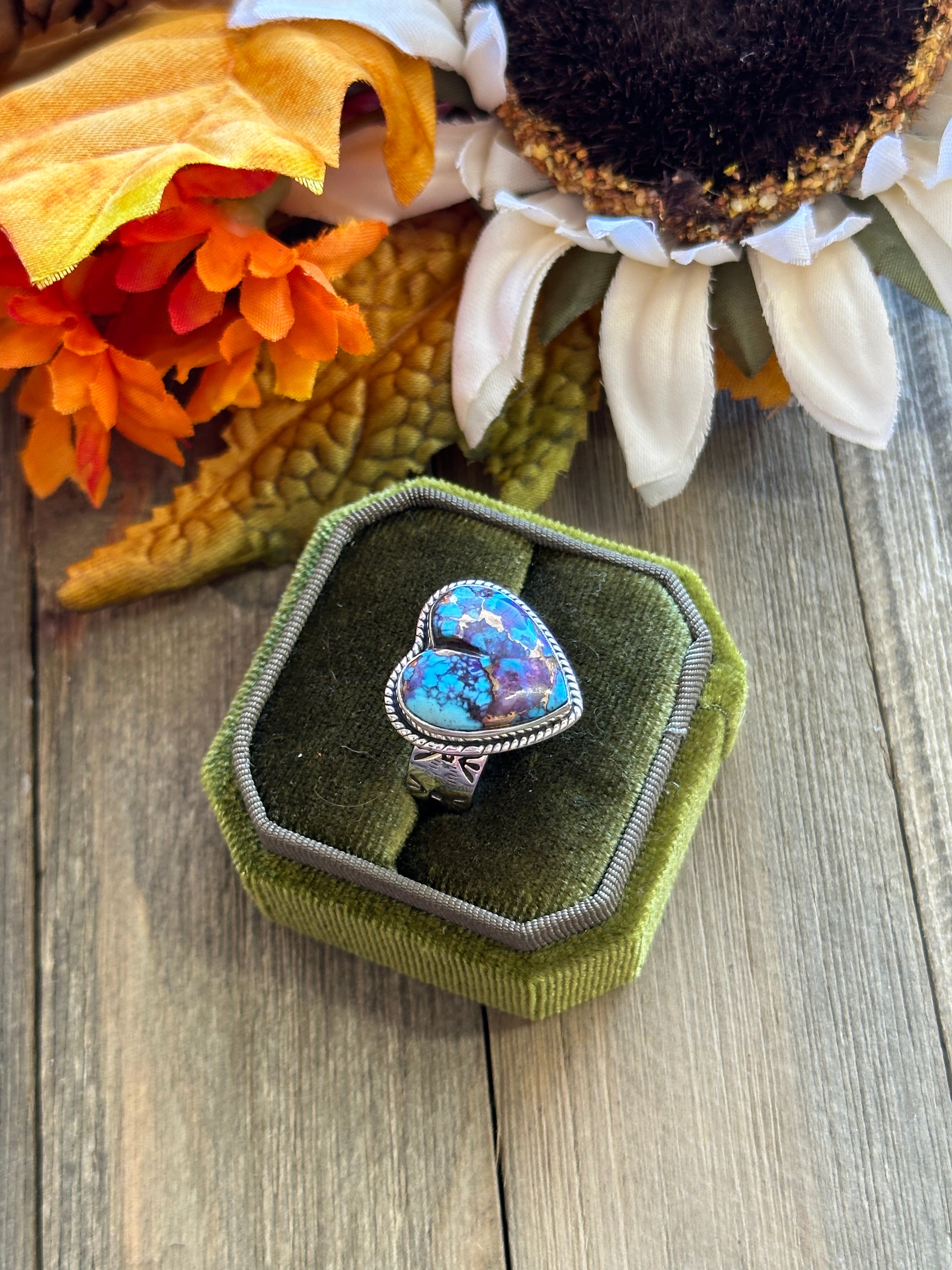 Southwest Handmade Mohave Turquoise & Sterling Silver Adjustable Heart Ring