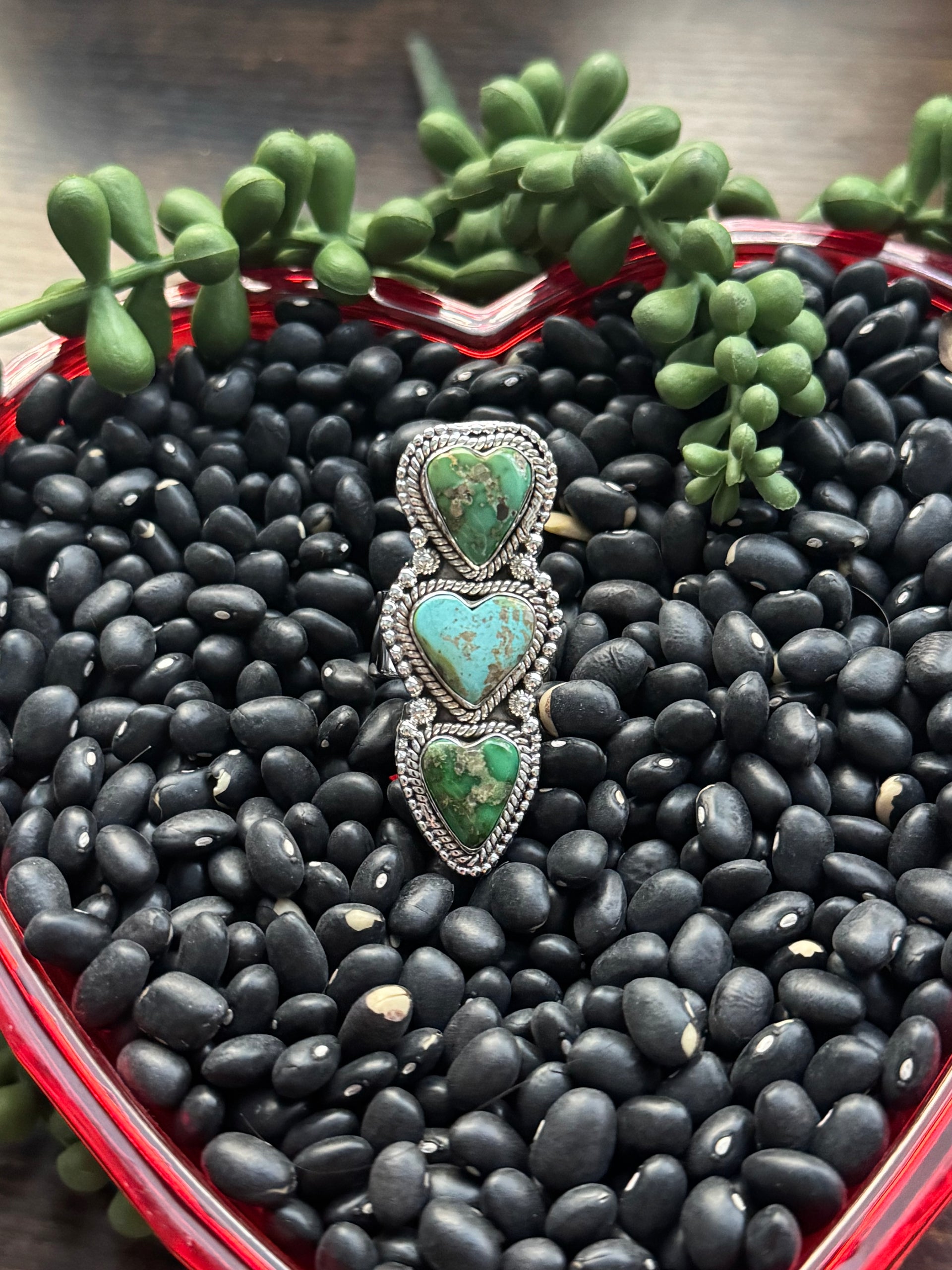 Southwest Handmade Sonoran Mountain Turquoise & Sterling Silver Adjustable Cluster Triple Heart Ring