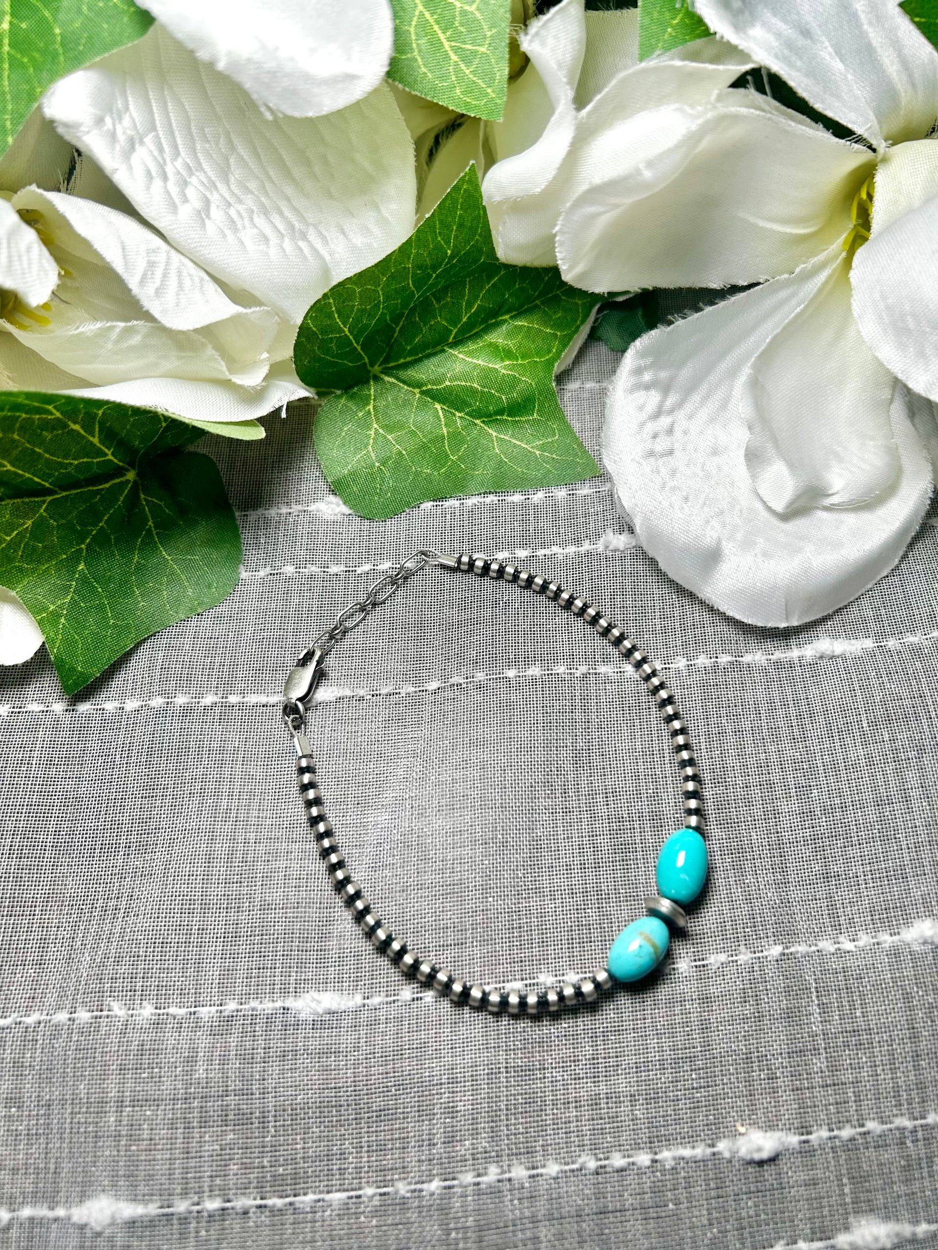 Navajo Made Strung Kingman Turquoise & Sterling Silver Bracelet