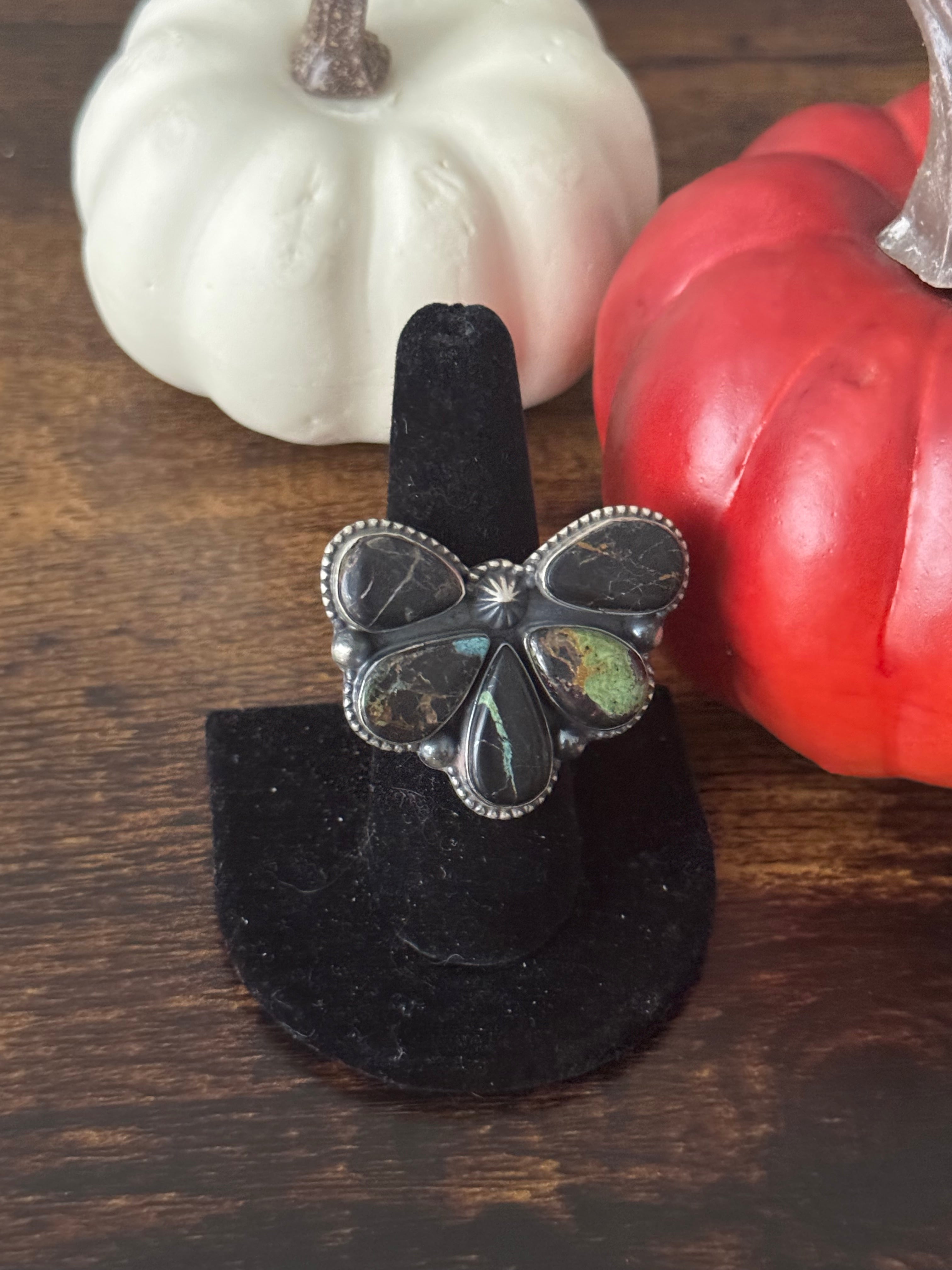 Southwest Handmade Black Jack Turquoise & Sterling Silver Adjustable Naja Ring