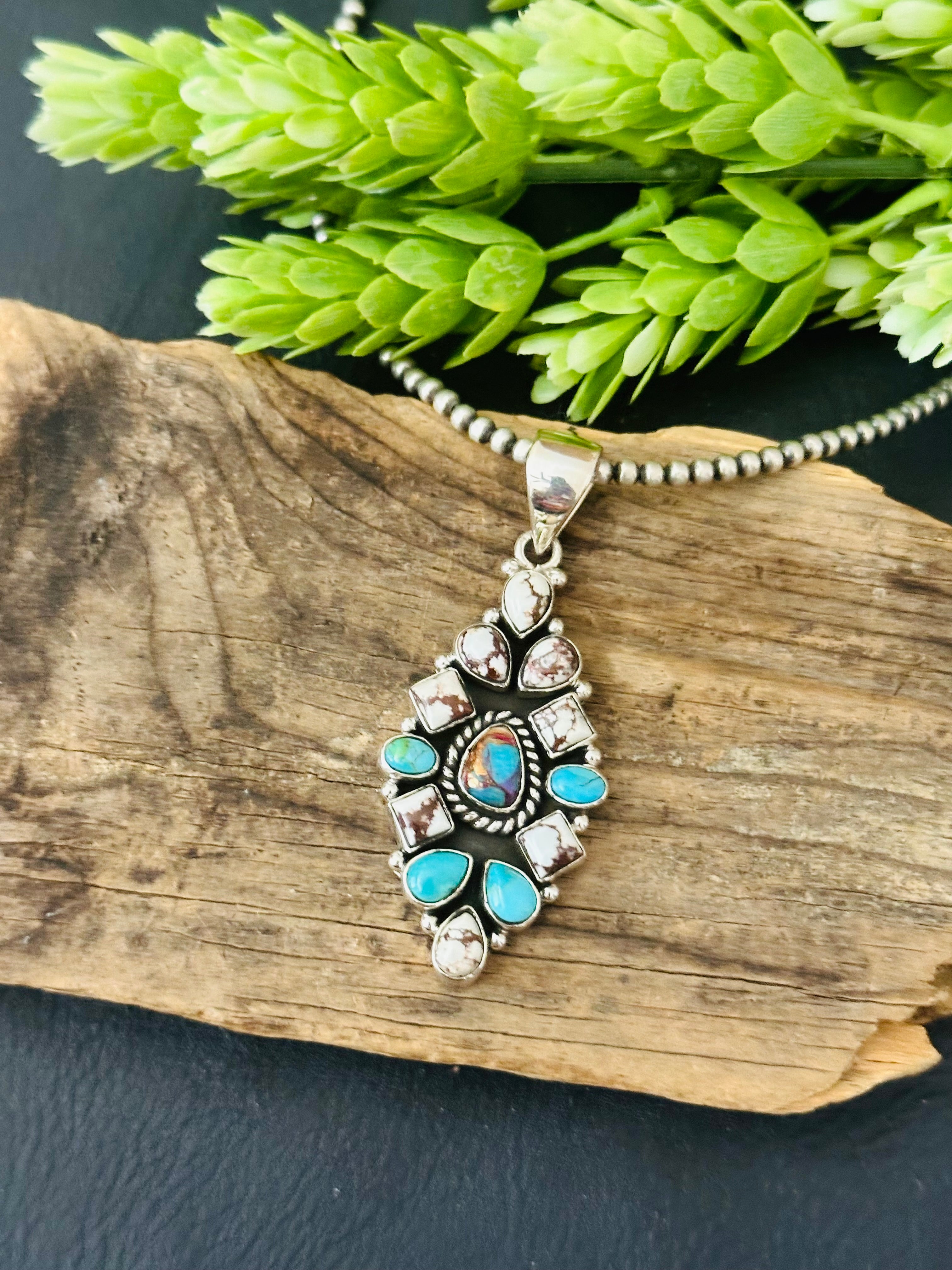 Southwest Handmade Multi Stone & Sterling Silver Cluster Pendant