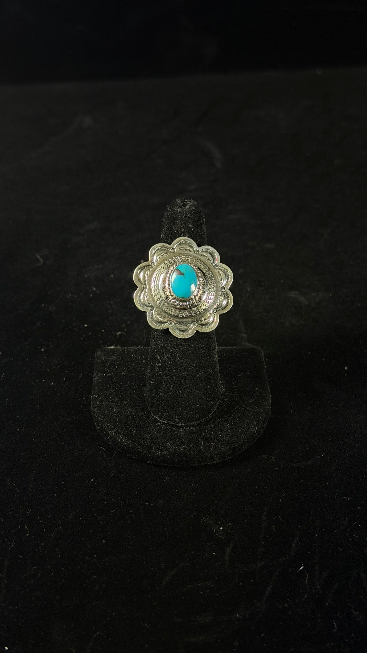 Navajo Made Kingman Turquoise & Sterling Silver Concho Ring Size 6