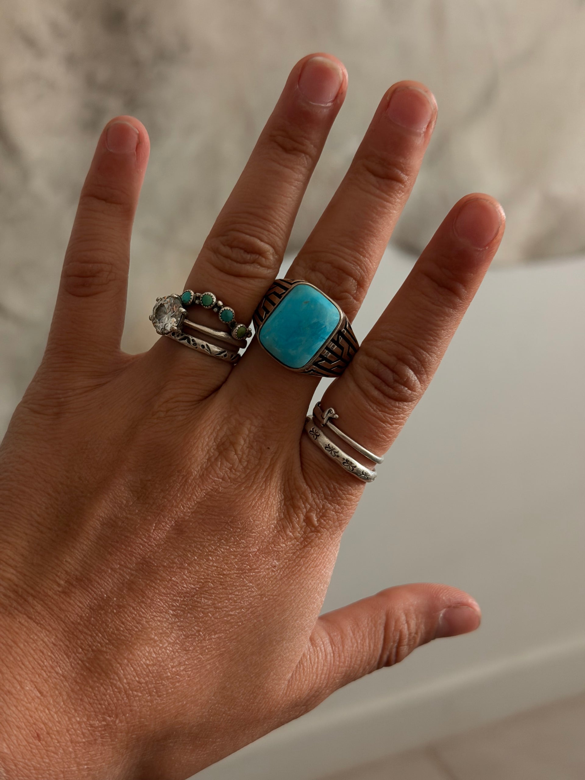Navajo Made Kingman Turquoise & Sterling Silver Cast Ring Size 11.5