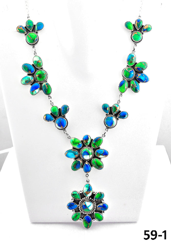 Southwest Made Peacock Dahlia & Sterling Silver Necklace