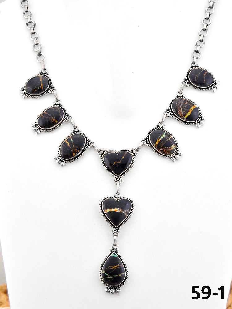 Southwest Handmade Black Jack Turquoise & Sterling Silver Necklace