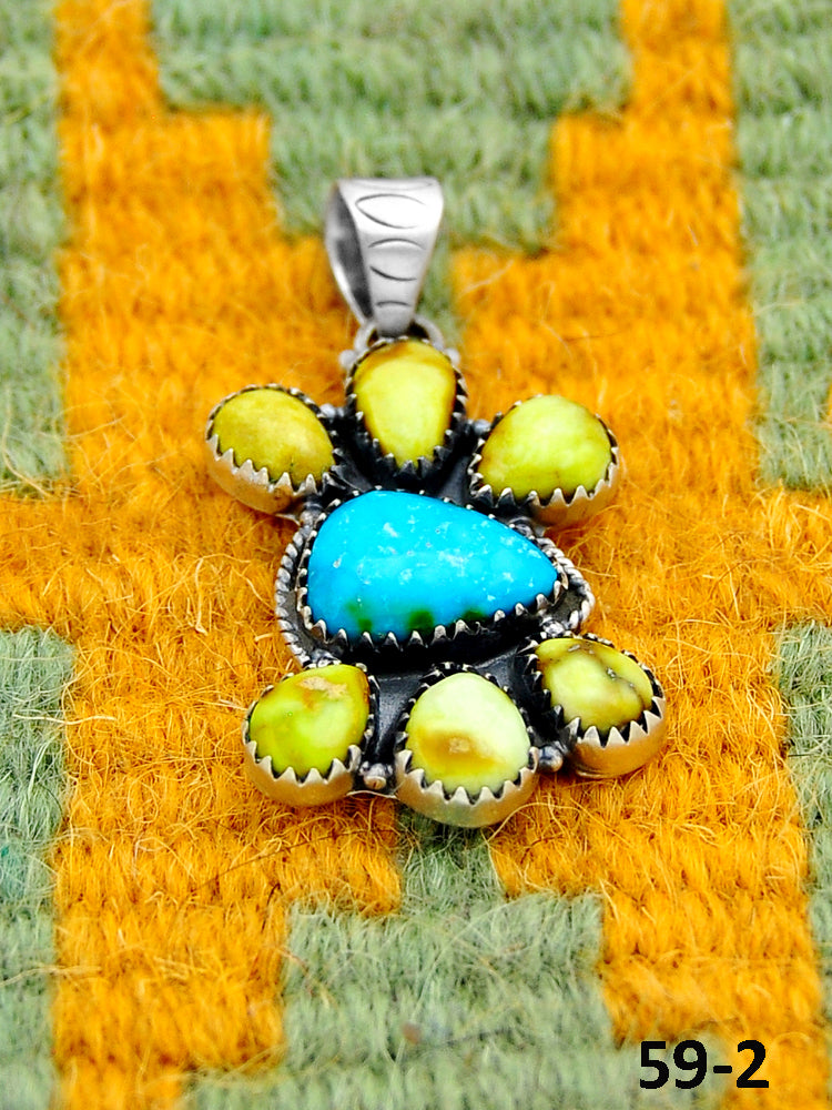 Southwest Handmade Palomino Turquoise with Sonoran Turquoise & Sterling Silver Pendants
