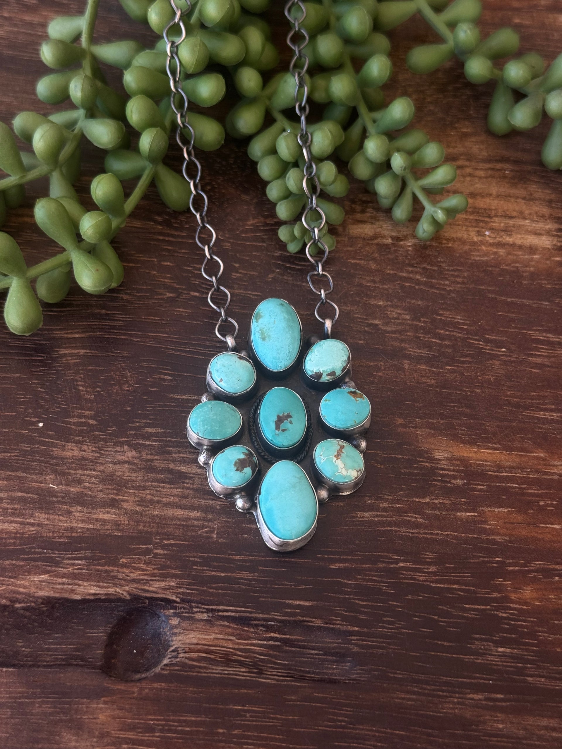 Navajo Made Mixed Turquoise & Sterling Sliver Cluster Necklace