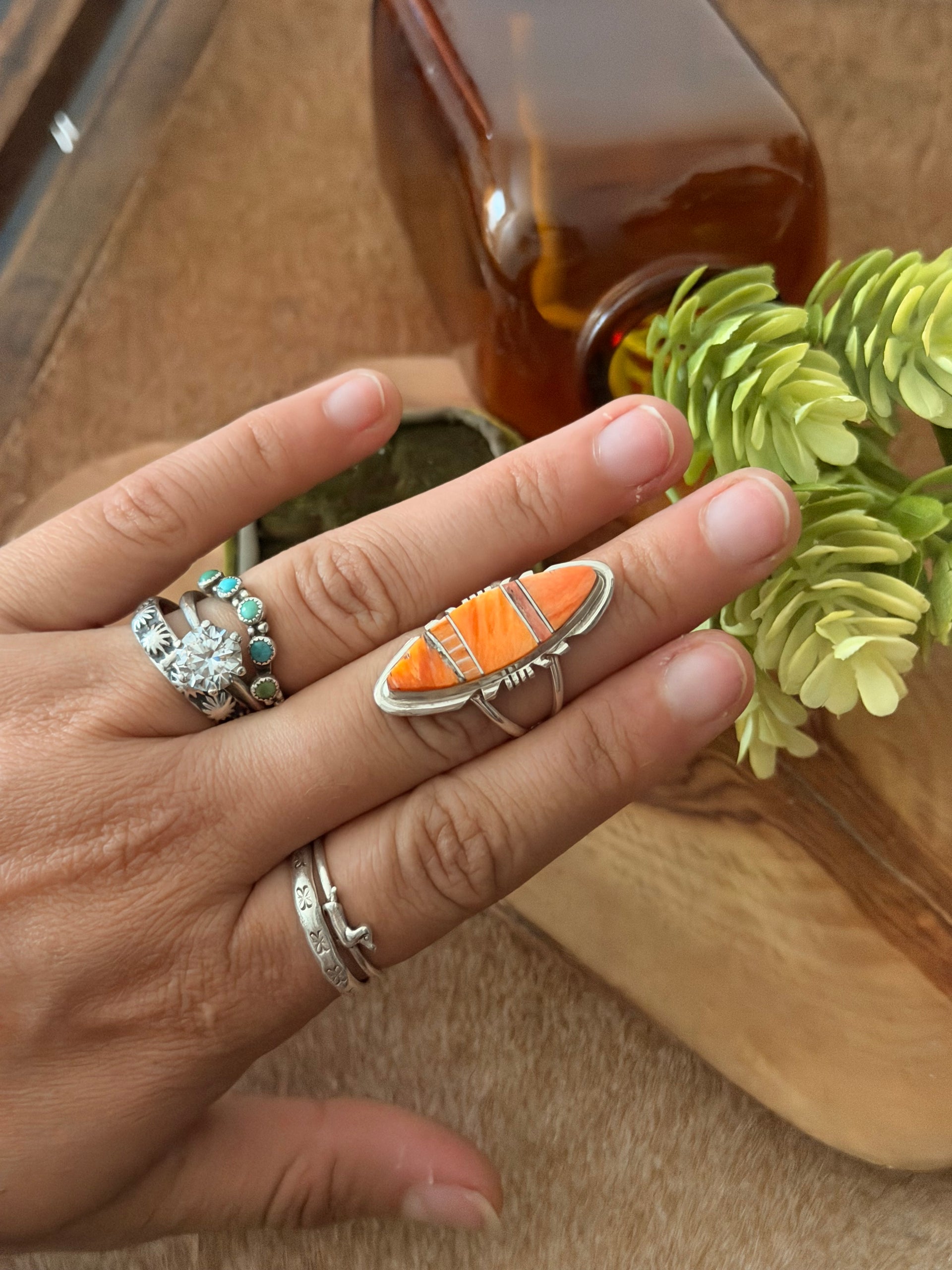 Navajo Made Spiny Oyster & Sterling Silver Inlay Ring Size 7