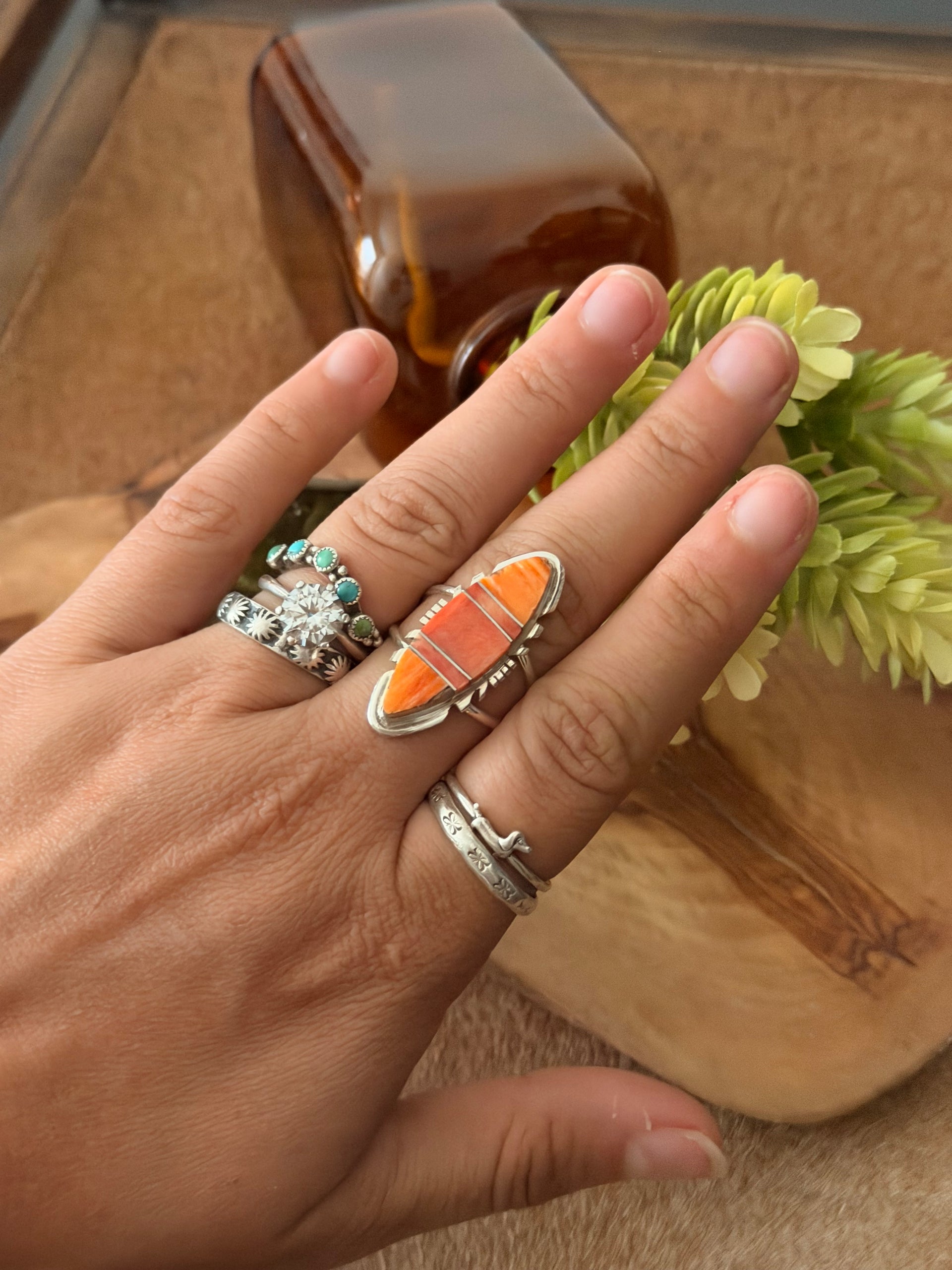 Navajo Made Spiny Oyster & Sterling Silver Inlay Ring Size 10