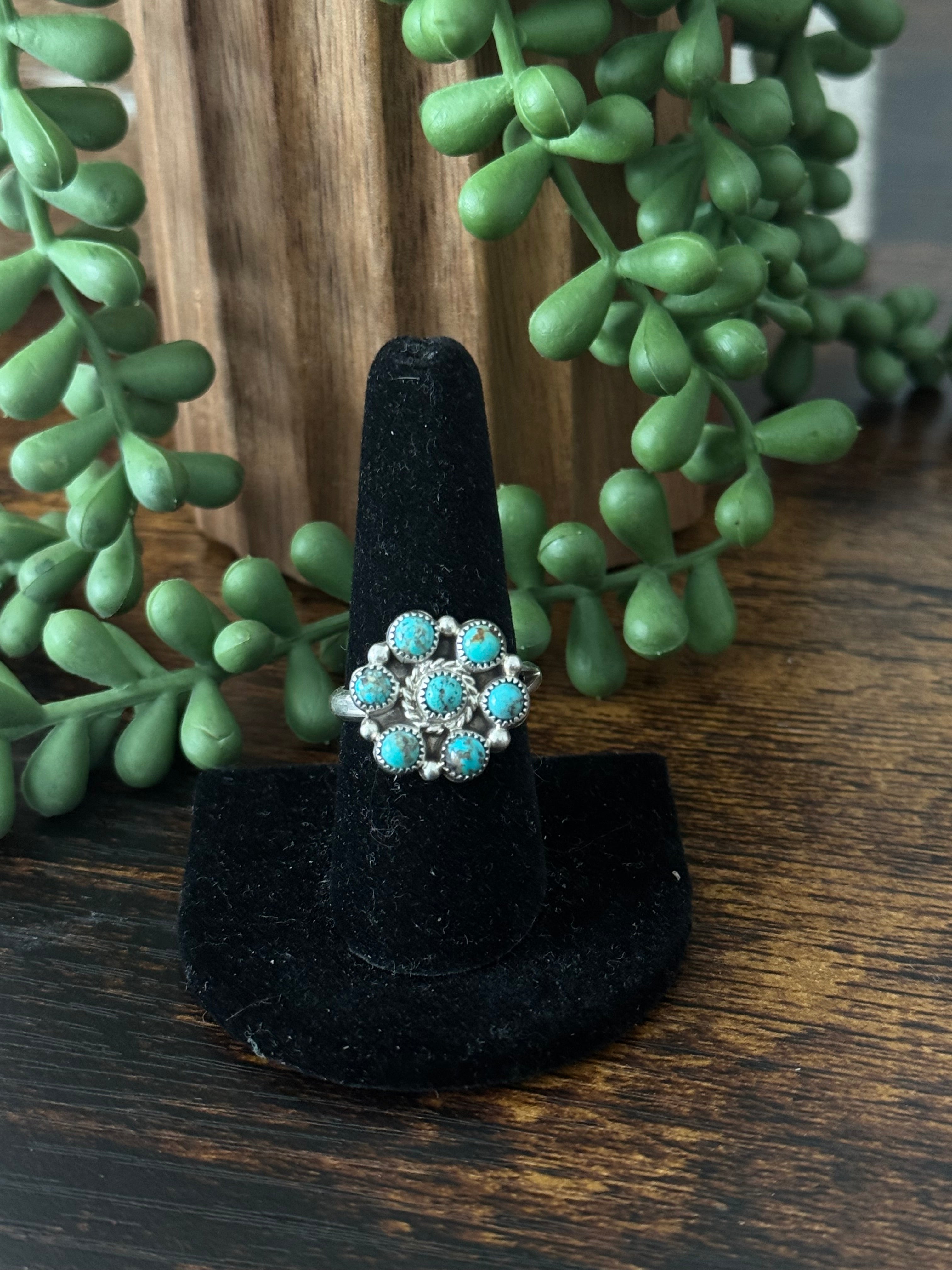 Navajo Made Kingman Turquoise & Sterling Silver Cluster Adjustable Ring