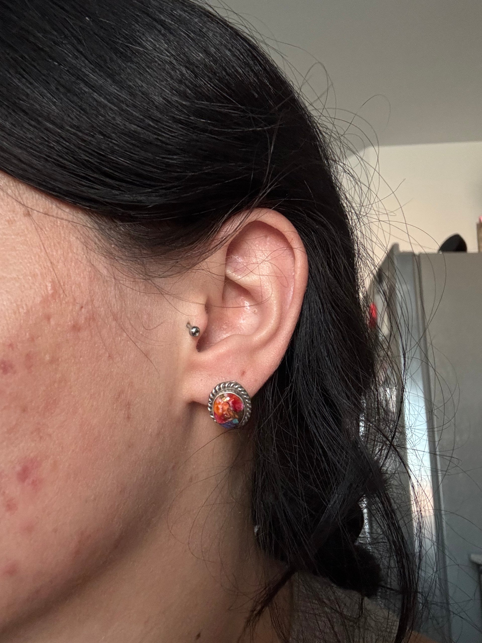 Navajo Made Pink Mohave Turquoise & Sterling Silver Post Earrings