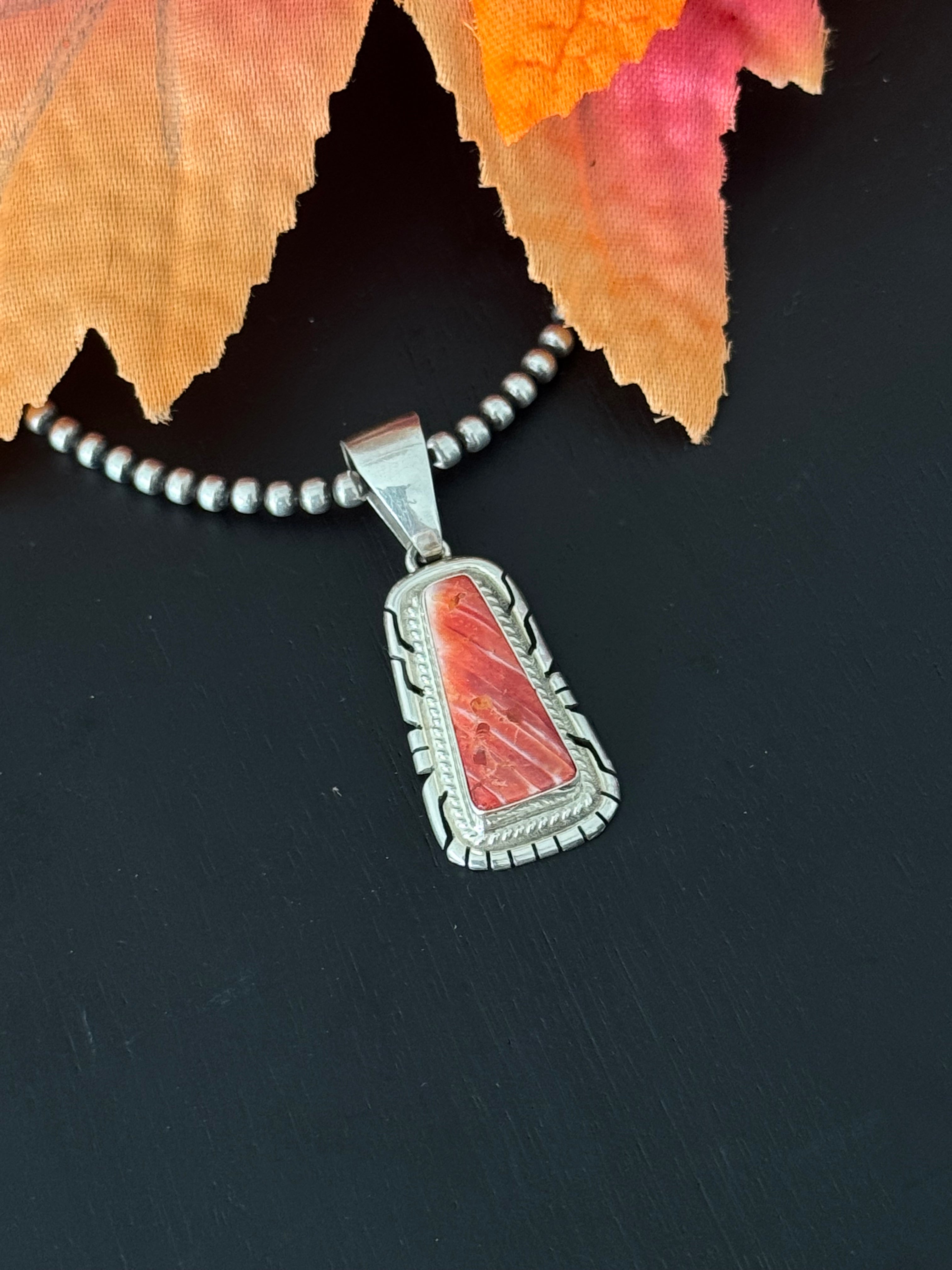 Navajo Made Red Spiny Oyster & Sterling Silver Pendant