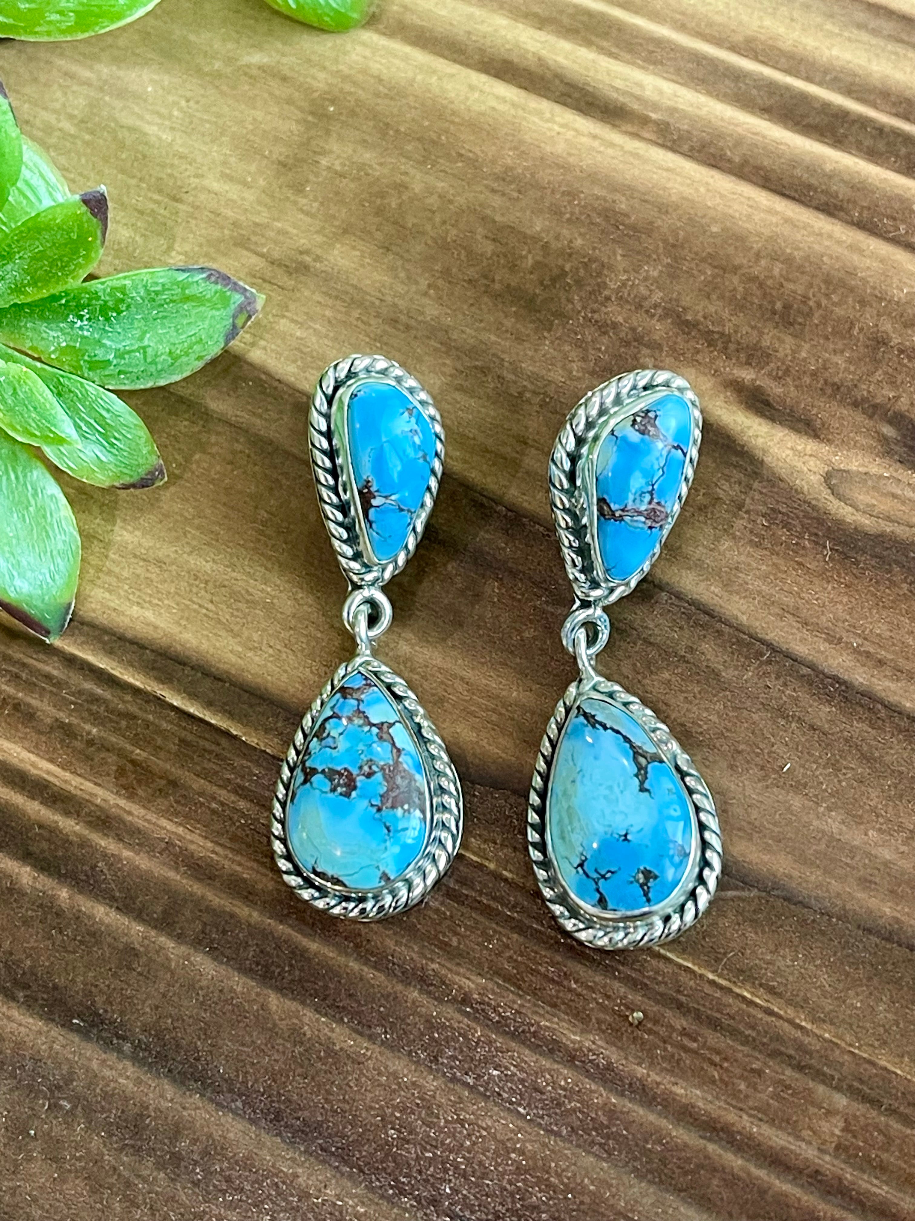 Southwest Handmade Golden Hills Turquoise & Sterling Silver Post Dangle Earrings