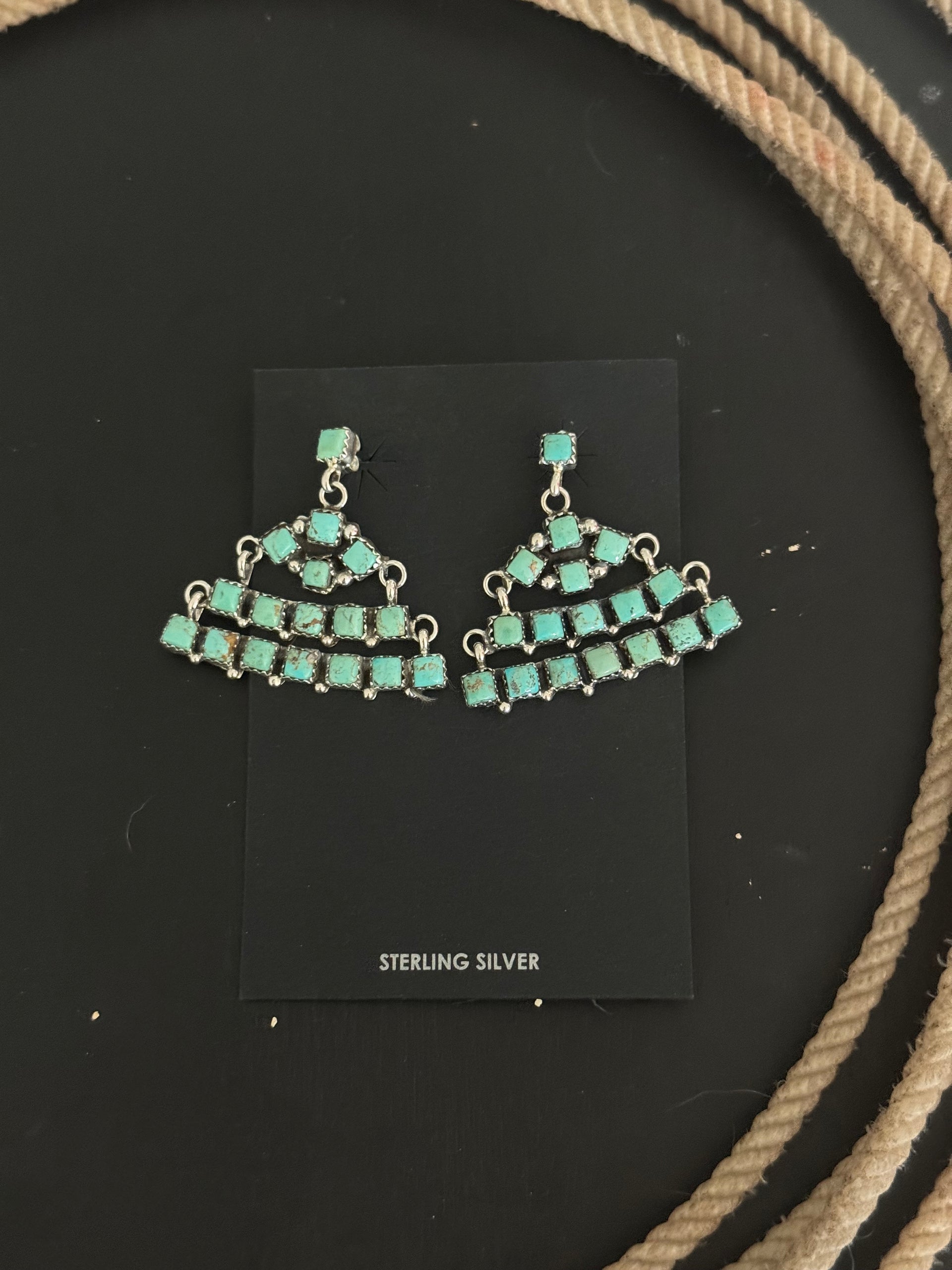 Julia Etsitty Kingman Turquoise & Sterling Silver Post Dangle Cluster Earrings