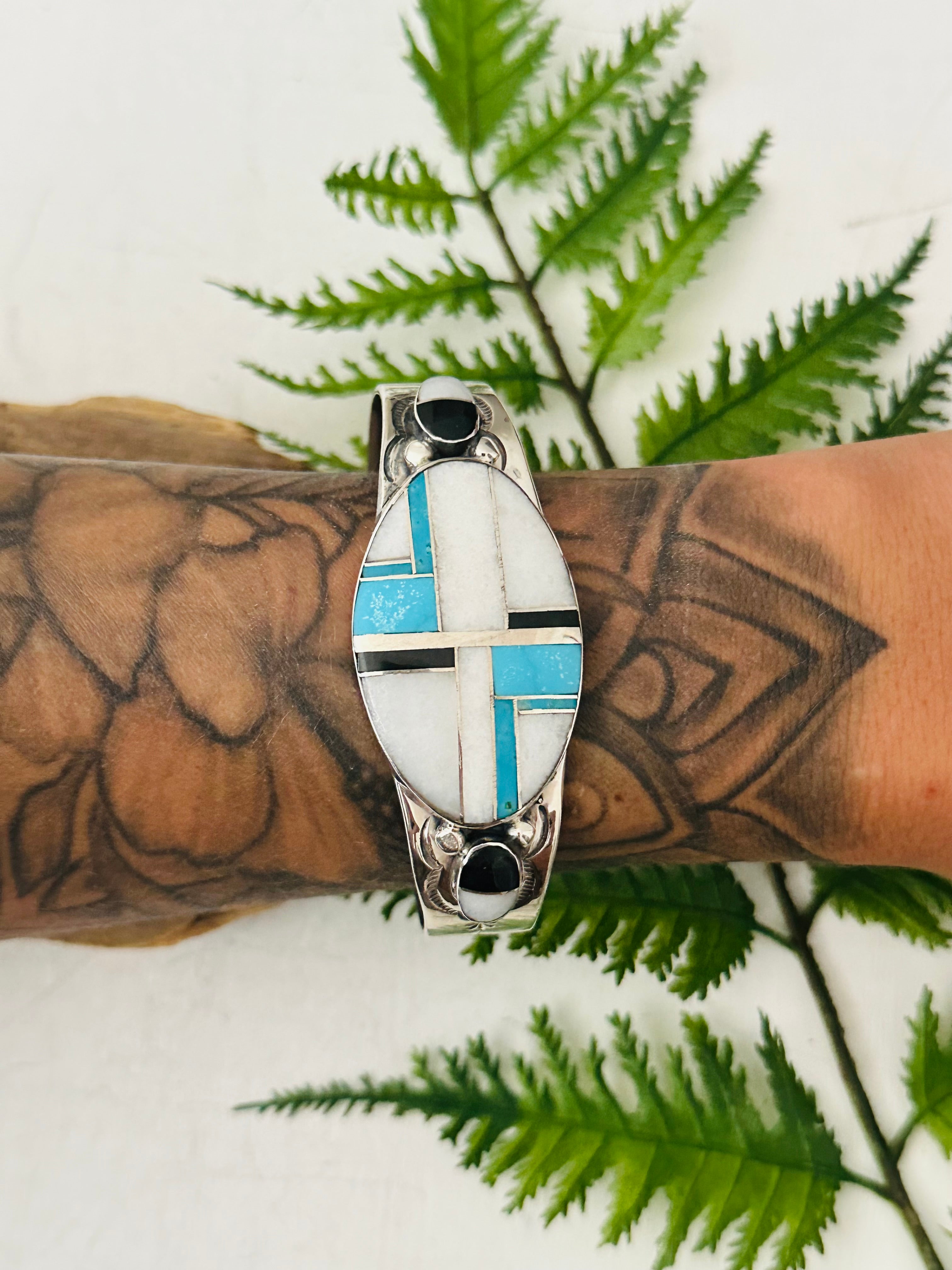 Navajo Made Multi Stone & Sterling Silver Inlay Cuff Bracelet