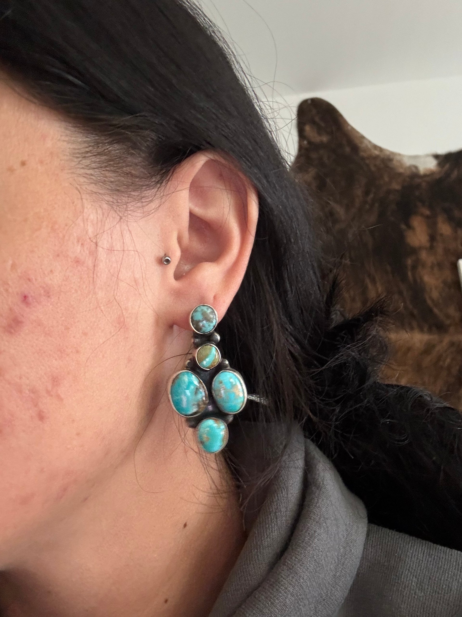 Navajo Made Kingman Turquoise & Sterling Silver Post Dangle Cluster Earrings