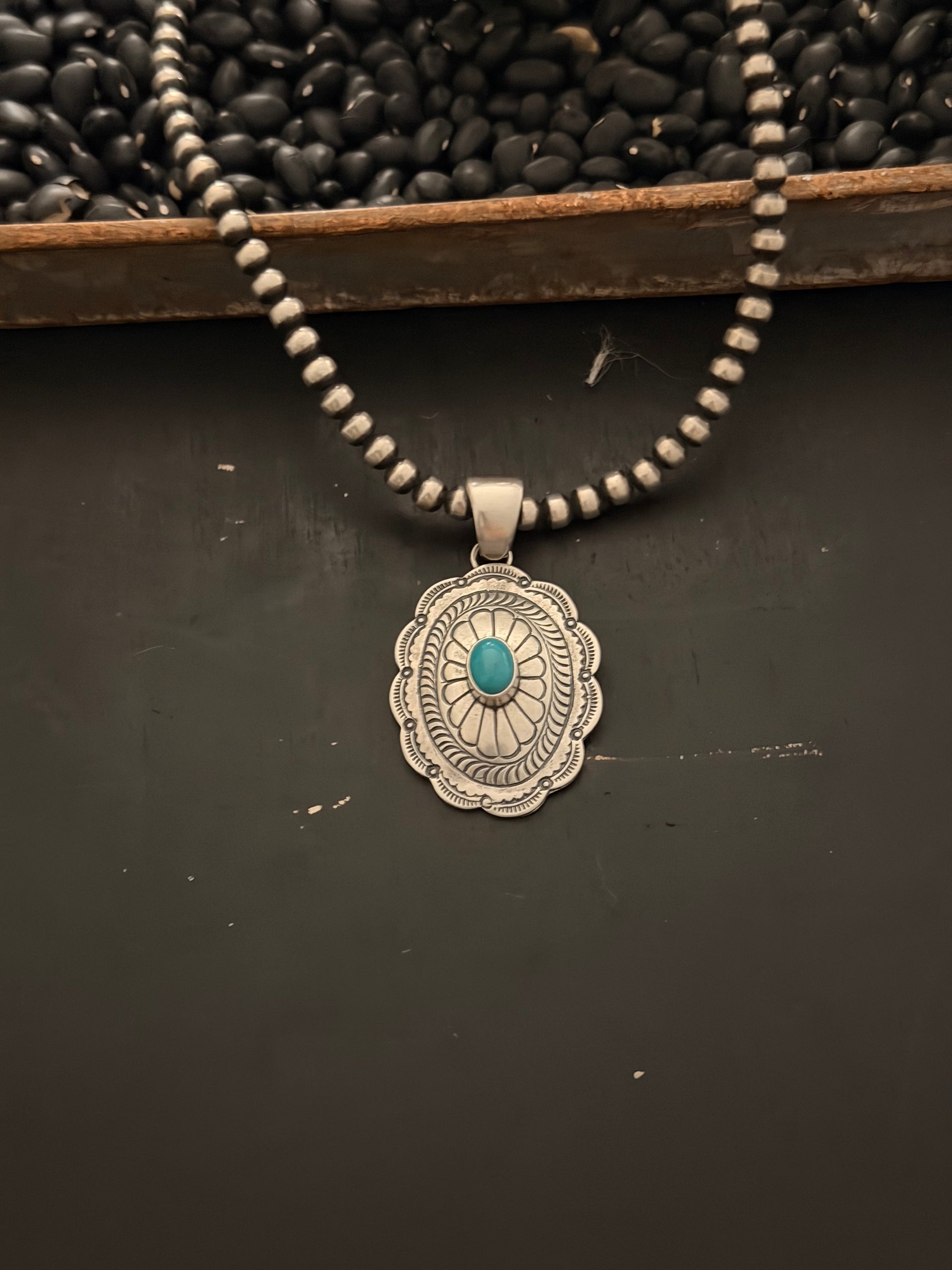 Navajo Made Kingman Turquoise  & Sterling Silver Concho Pendant