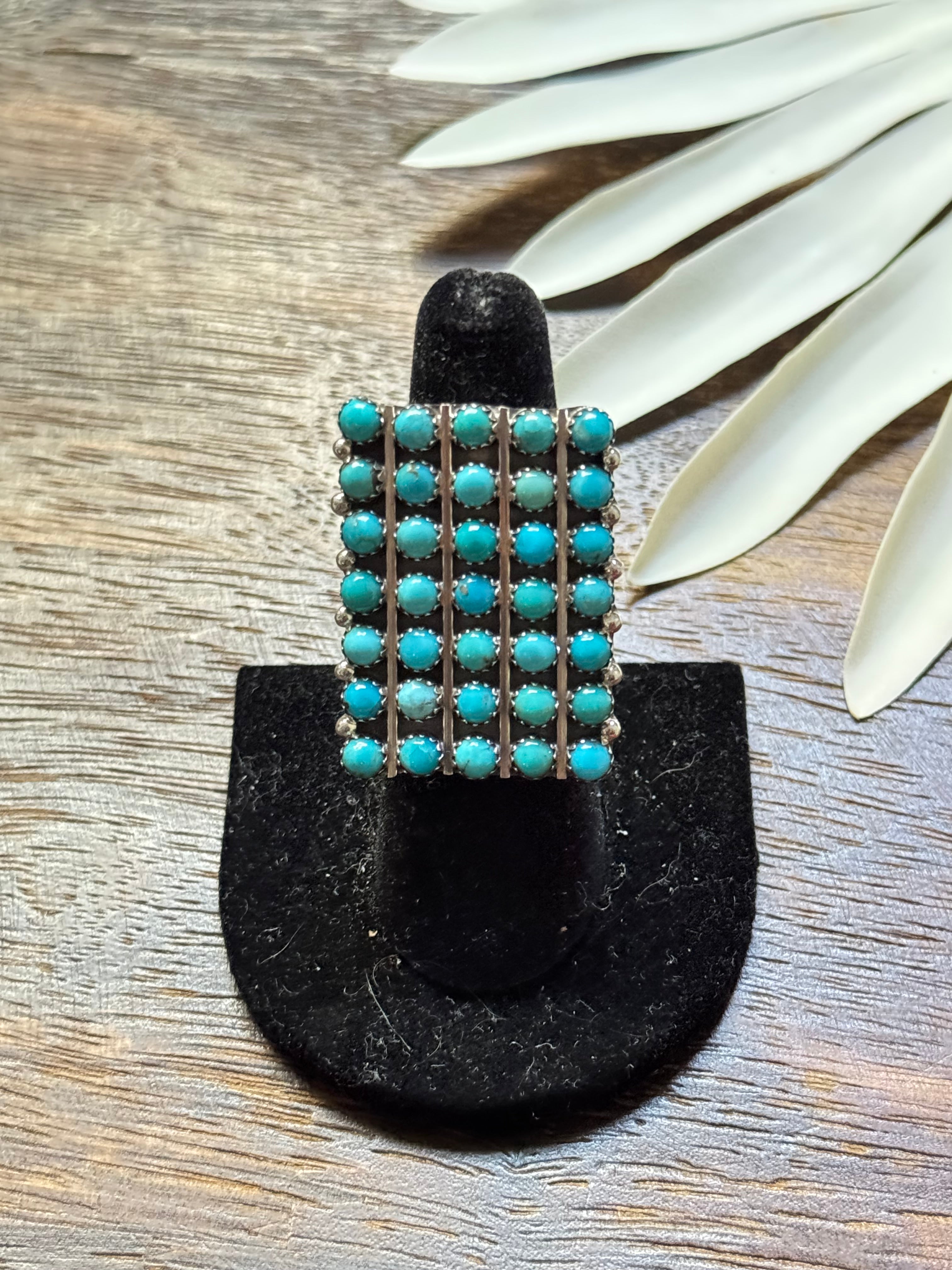 Navajo Made Kingman Turquoise & Sterling Silver Cluster Ring Size 6.75