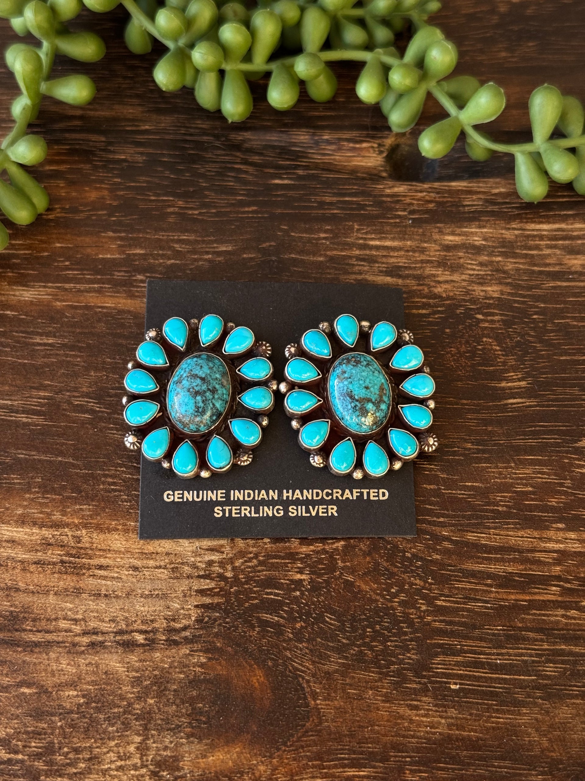 Navajo Made Kingman Turquoise & Sterling Silver Post Dangle Cluster Earrings